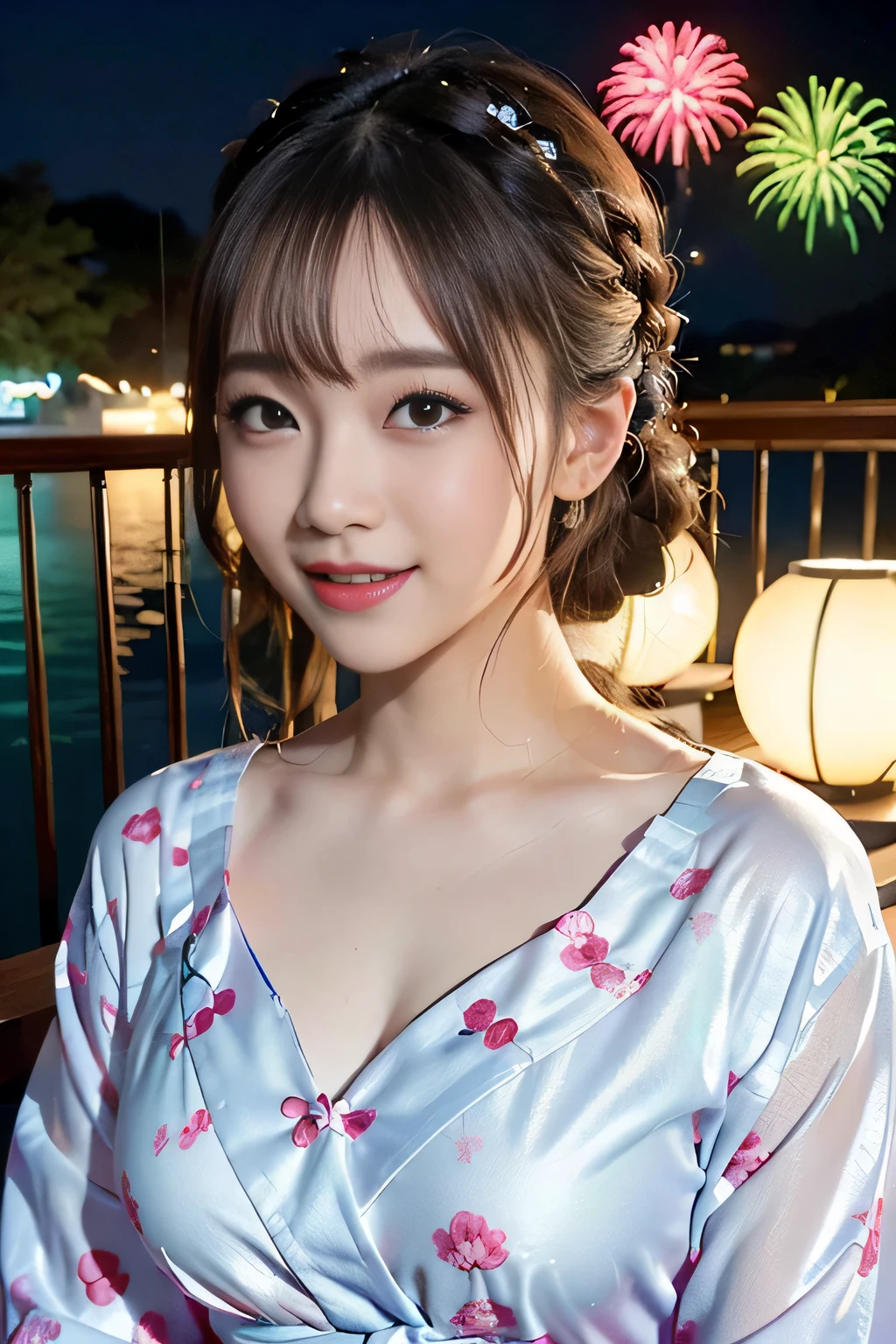 (beautiful mature adult woman),(flower hair ornament,floral braided top knot,twisted side part ponytail,floral braided headband,half up、floral braided space buns,voluminous fishtail braid,Twisted pan,),(The bangs are see-through bangs),very delicate and beautiful hair,(((emphasize the chest:1.3))),(dynamic angle),(dynamic and sexy pose),laughter、Looking back wearing a floral yukata isolated on white background、Fireworks being launched into the sky against the backdrop of the riverbank at night.、cute round face,,(table top,highest quality,Ultra high resolution output image,) ,(8K quality,),(sea art 2 mode.1),(Image mode Ultra HD,)