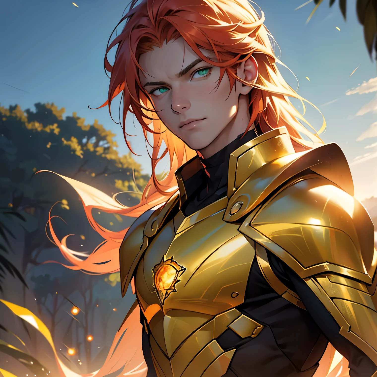 (best quality,realistic,highres:1.2),a young man with straight hair,[blonde-red hair],dazzling green eyes at the left, sparkling golden yellow eyes at the right,[golden armor] adorned with sun symbols, fair skin, masculine and enviable beauty.
