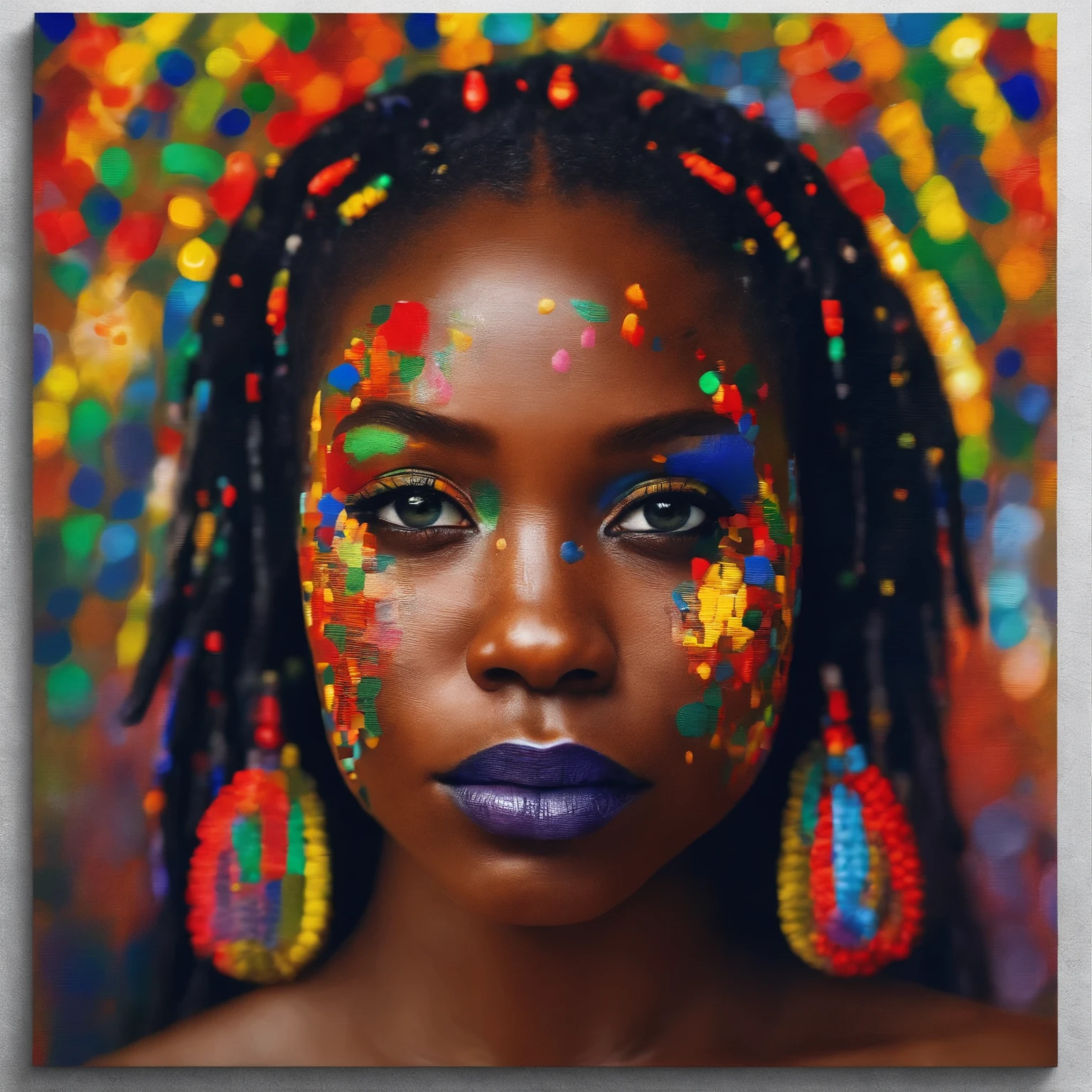 a painting of an african woman in her colorful hair, in the style of iconic, official art, geometric symmetry, 32k uhd, close-up, layered portraits, realistic oil paintings in a artist signe vilstrup