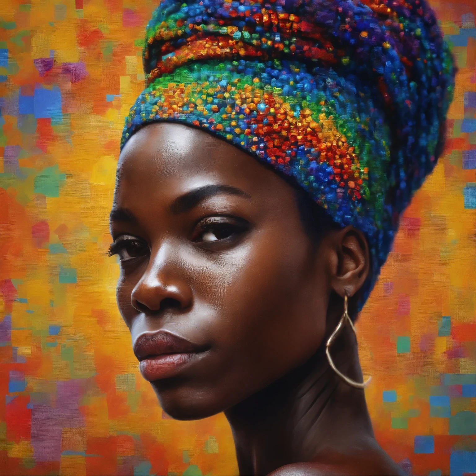 a painting of an african woman in her colorful hair, in the style of iconic, official art, geometric symmetry, 32k uhd, close-up, layered portraits, realistic oil paintings in a artist signe vilstrup