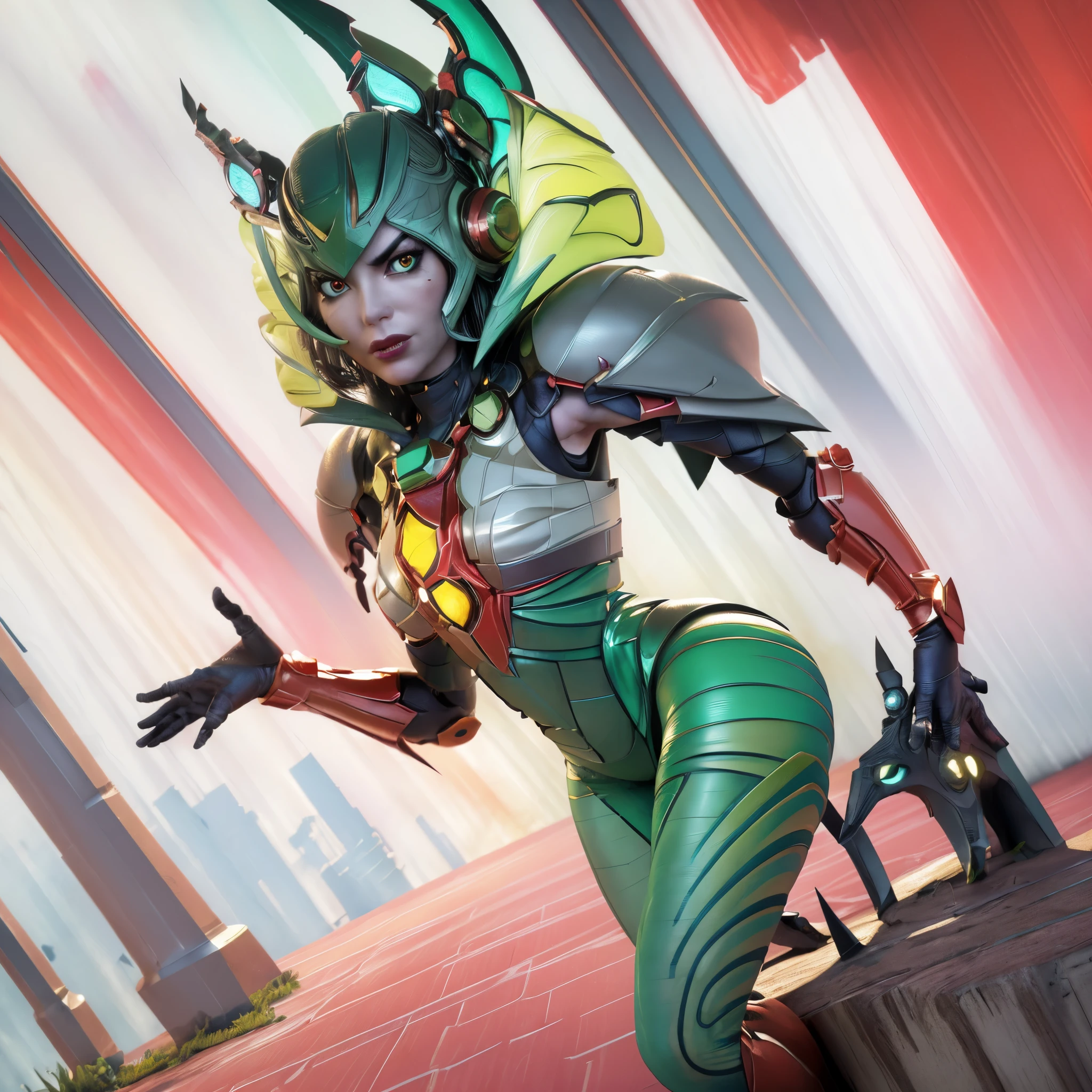 (best quality, highres, ultra-detailed, photorealistic), digital painting, vibrant colors, dynamic composition, glowing lights, futuristic atmosphere, detailed facial features, intricate costume design, elegant and confident expression, dramatic shadows, intense gaze, flowing red and green fabrics, intricate insect-like armor, intricate patterns, sharp and angular shapes, energy aura, immersive background, otherworldly landscapes, high-tech cityscape, sci-fi elements, dynamic poses, strong and muscular physique, dramatic lighting effects, surreal and captivating, mysterious and alluring.