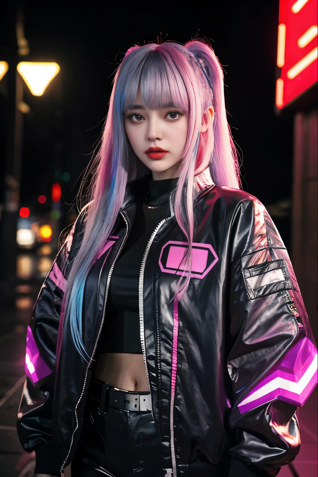Lucy \(cyber punk\), 1 girl,  hair scrunchie, princess cut, silver hair, colored tips, full moon,  Jacket, long sleeve, looking at the viewer, medium hair, colorful hair, parted bangs, parted lips, Rainbow hair color red eyeliner, red lips, alone, white Jacket, cyber punk \(series\), rainy night in a cyber punk city with glowing neon lights