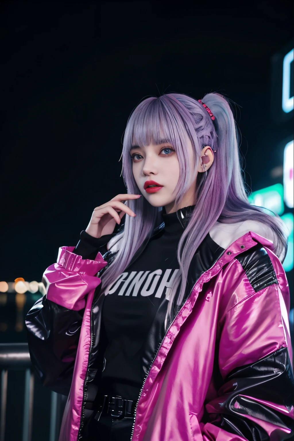 Lucy \(cyber punk\), 1 girl, hair scrunchie, princess cut, silver hair, colored tips, full moon, Jacket, long sleeve, looking at the viewer, medium hair, colorful hair, parted bangs, parted lips, Rainbow hair color red eyeliner, red lips, alone, white Jacket, cyber punk \(series\), rainy night in a cyber punk city with glowing neon lights