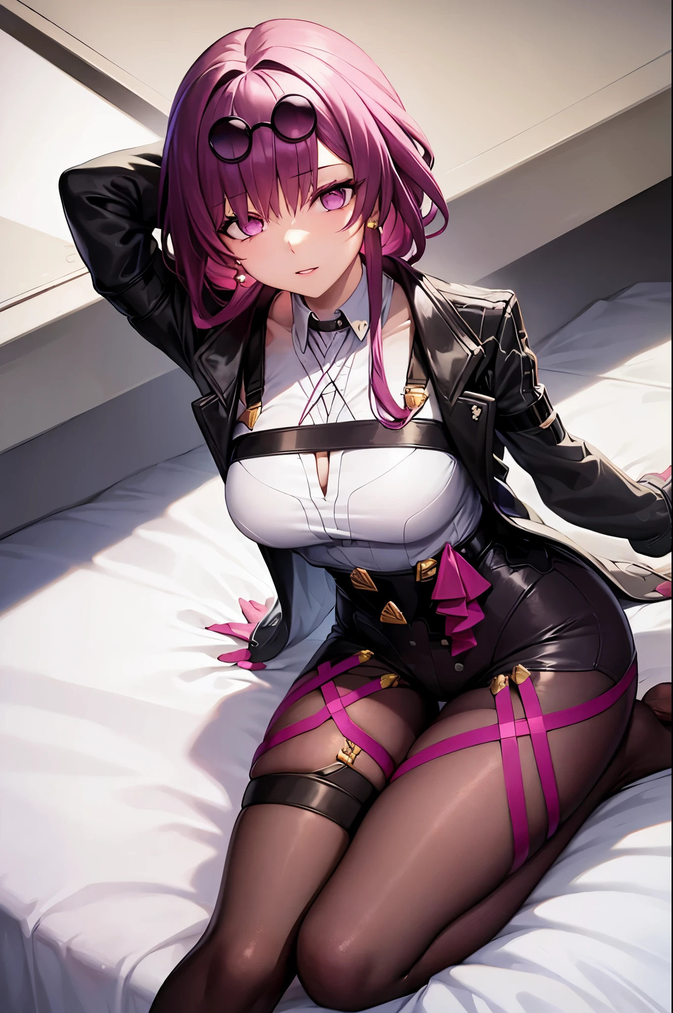 masterpiece, (detailed, highres, best quality), 1girl, kafkerdef, earrings, eyewear on head, sunglasses, white shirt, black jacket, long sleeves, purple gloves, shorts, pantyhose, thigh strap, seiza, arms behind head, bed