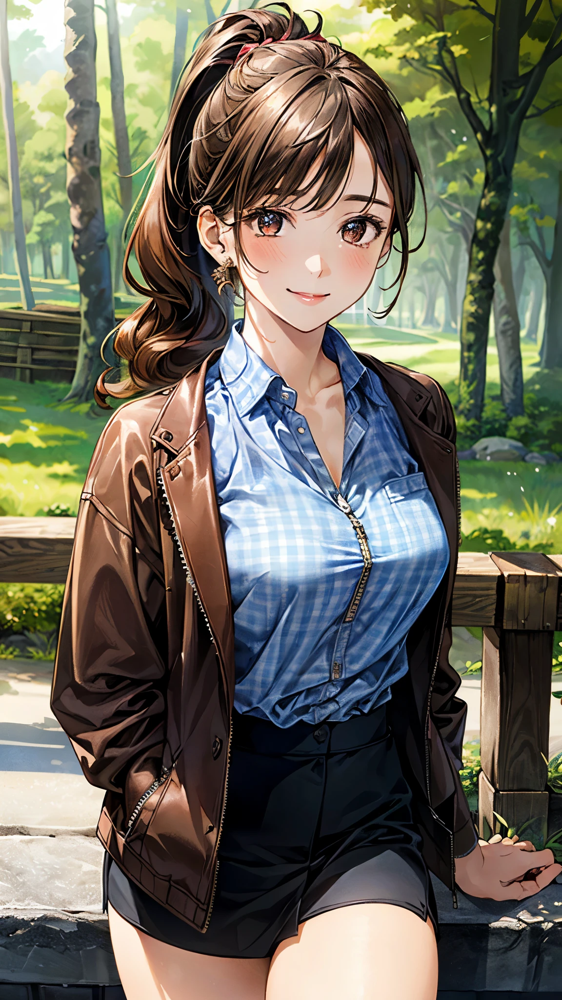 (masterpiece:1.2, top-quality), (realistic, photorealistic:1.4), beautiful illustration, (natural side lighting, movie lighting), , 
looking at viewer, 1 girl, japanese, perfect face, cute and symmetrical face, shiny skin, 
(long hair, curly hair, ponytail, brown hair), brown eyes, long eye lasher, (large breasts, thick thighs), 
beautiful hair, beautiful face, beautiful detailed eyes, beautiful clavicle, beautiful body, beautiful chest, beautiful thigh, beautiful legs, beautiful fingers, 
button down shirt, ((blue checked shirt, unbuttoned shirt, opened brown zipper jacket)), leather jacket, red and black skirt, hair ribbon, 
(beautiful scenery), morning, (village, trees), standng, (smile), 