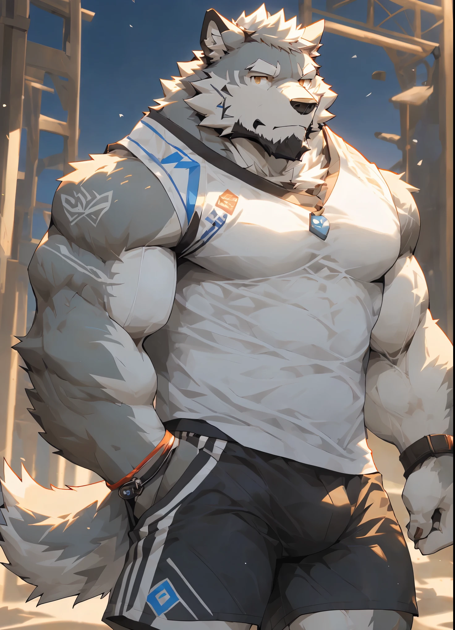 (masterpiece),(Very detailed),(best quality),hairy,Wolf,gray fur,white头发,golden pupil muscles,(((white)Four-corner shorts)),((Semi-naked 1.3)),((convex)),(cool pose 1.4),8k,((high quality)),((high detail))