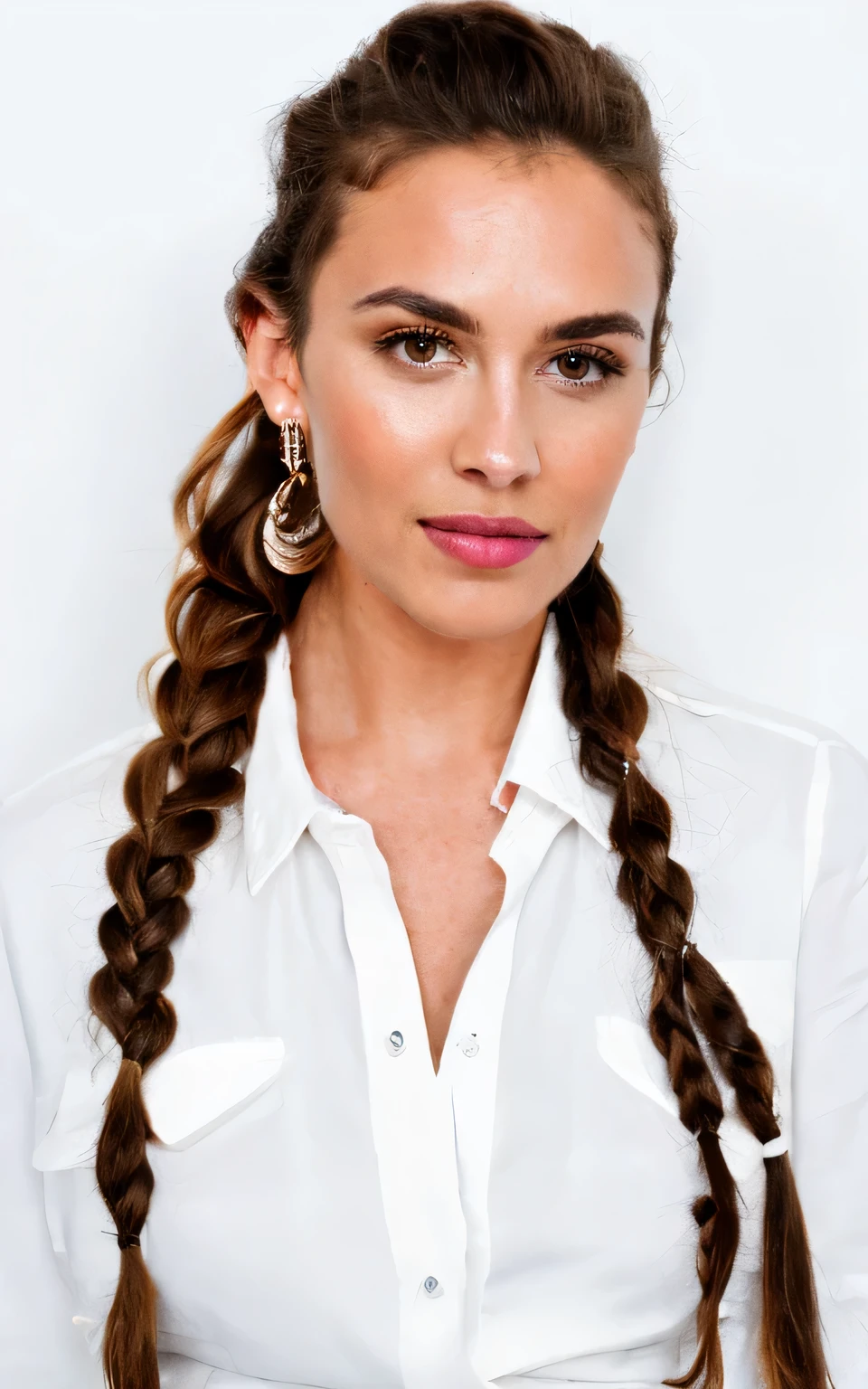 earrings white shirt Super Realistic skin Super Realistic brown hair voluminous curls 1 girl braid forehead gray background lips photorealistic realistic solo double braids teeth leather jacket
