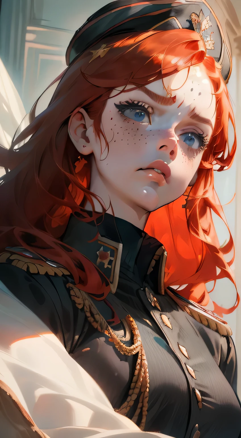 A close up of a woman with red hair and a hat - SeaArt AI