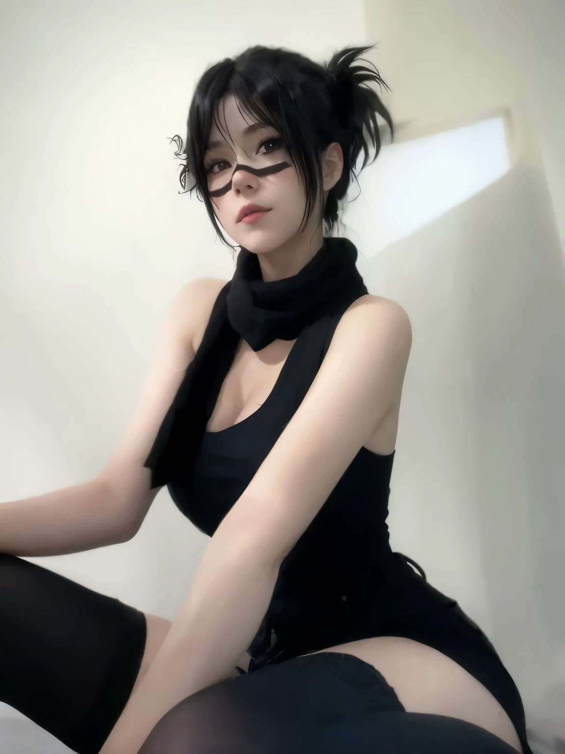 Masterpiece, (hd,8k), anime screenshots, 1 girl, solo, (big breasts: 1.2), black hair, short hair, black eyes, skinny, cowgirl shot, sit down, forehead protector, grin, (dress: 1.1), (white shorts: 0.8), black thighs, thigh holsters , arm warmers, bare shoulders, looking at the audience, outdoors, hips, red rimmed glasses, glasses, head tilted, hip curtains, facing the audience, hands on hips, zipper, shiny hair, (close up), red shirt:1.2 ,Young slim girl black hair short scar on the nose tomboy blue eyes shadow black lipstick erotica sexy clothes bare breasts. Straight prosthesis. Sexual organ. solo. The girl is one. teacher, eyeglasses, school gym ,4K delicate facial features, 18 year old girl, Uchiha Sarada, anime character transformed into a realistic character, with detailed, beautiful and cute face, red filtered eyes, black hair, short hairstyle, bangs sweeping to the left, wearing a ninja head tie from konoha , expression
thin sweet smile, thin cheeks, sharp chin, red glasses, tentom shirt design, livis shorts, perfect model, large/medium breasts, free style, high resolution, detailed illustrations, very realistic background, white glowing skin, very detailed face perfect, arms up, armpits visible, detailed armpits