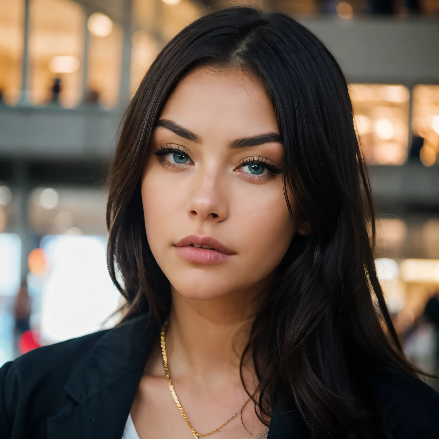 Madison Beer picture at the mall, long beautiful flowing ink like hair, smoky makeup, shining eyes, grey-gold-blue eyes, gold flecks, defined eyes, realistic eyes, doe eyes, beautiful perfect symmetrical face, extremely detailed, melancholy expression, ultra hd, hdr, 8k, cinematic, dramatic lighting, studio Portrait Lighting, illuminated face, 85mm, volumetric lighting, ray tracing reflections