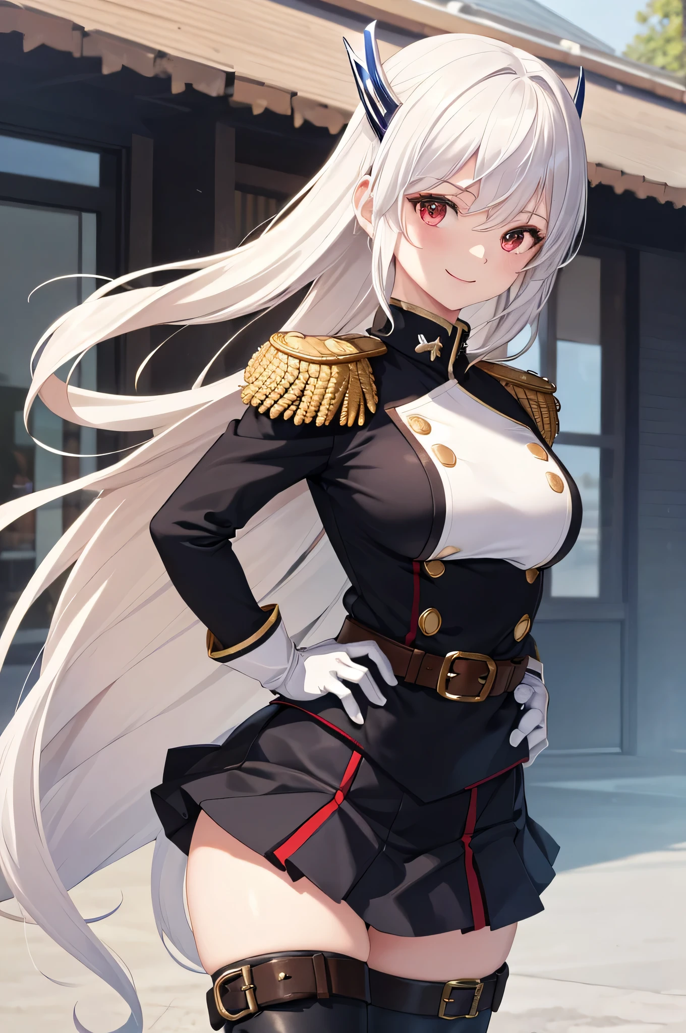 masterpiece, best quality, absurdres, perfect anatomy, 1girl, solo, KyoukaUzen, hair ornament, military uniform, white gloves, epaulettes, belt, pleated skirt, black skirt, thigh boots, smile, hands on the hips, outdoors, 