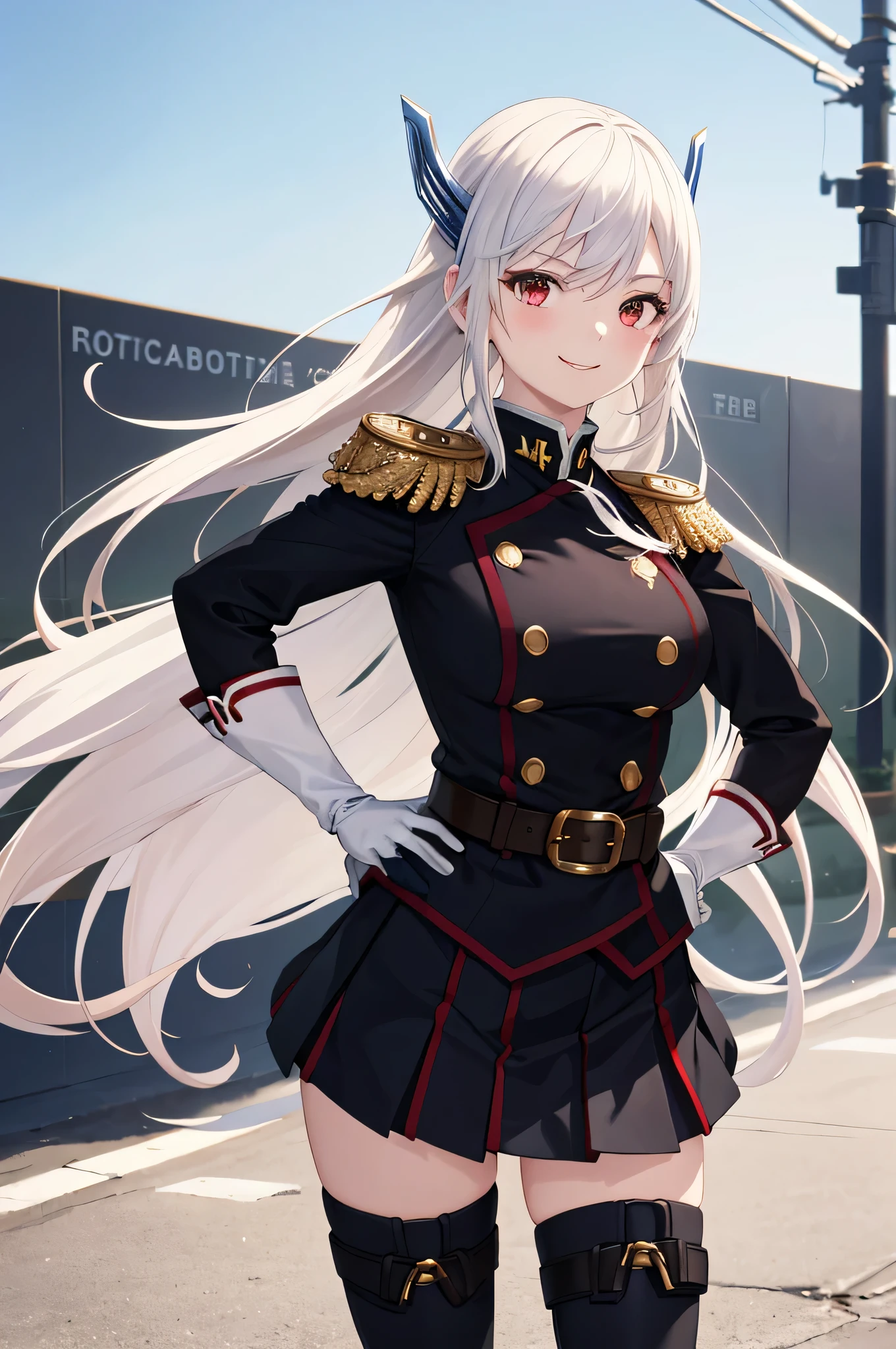 masterpiece, best quality, absurdres, perfect anatomy, 1girl, solo, KyoukaUzen, hair ornament, military uniform, white gloves, epaulettes, belt, pleated skirt, black skirt, thigh boots, smile, hands on the hips, outdoors, 