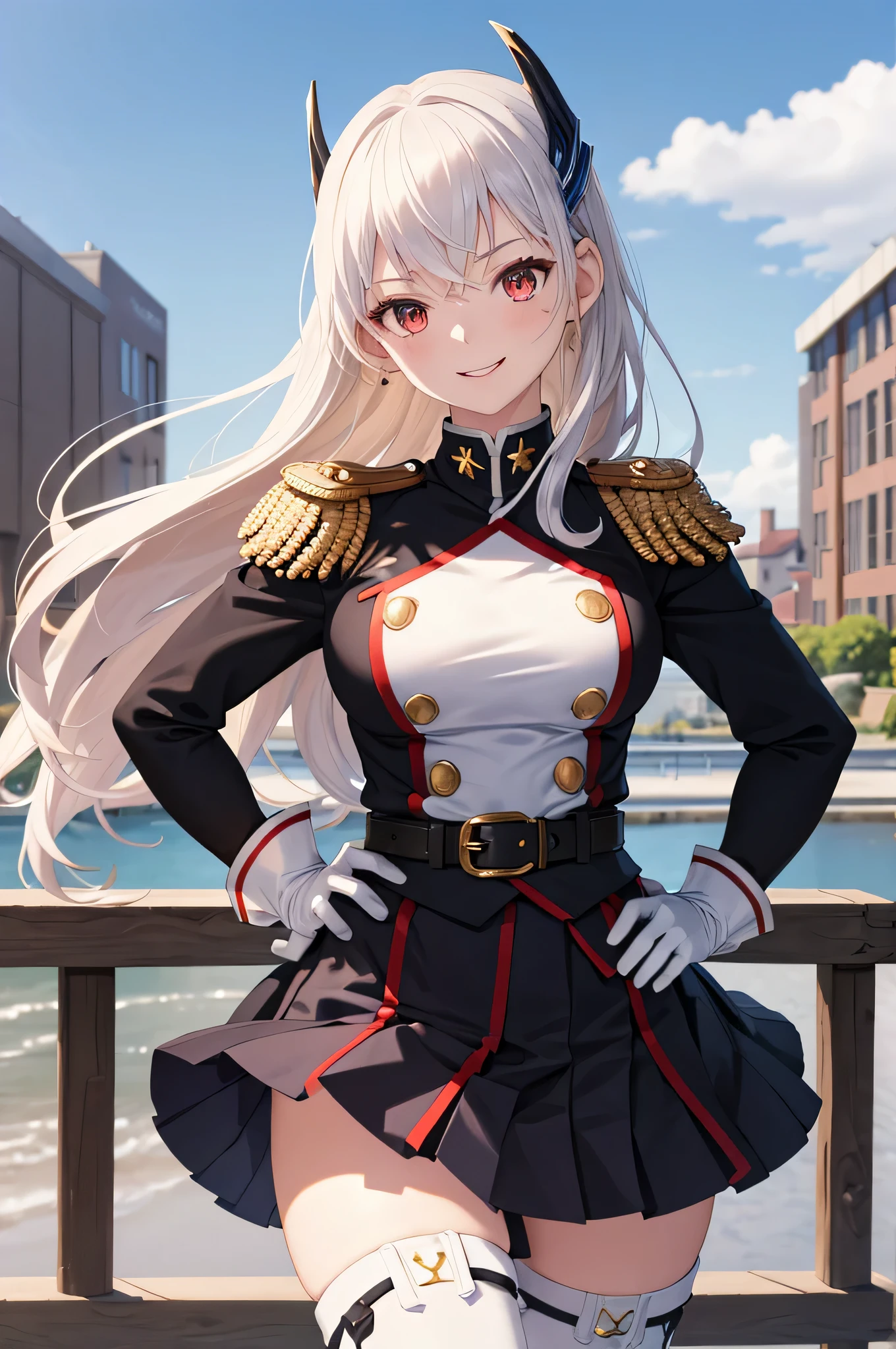 masterpiece, best quality, absurdres, perfect anatomy, 1girl, solo, KyoukaUzen, hair ornament, military uniform, white gloves, epaulettes, belt, pleated skirt, black skirt, thigh boots, smile, hands on the hips, outdoors, 