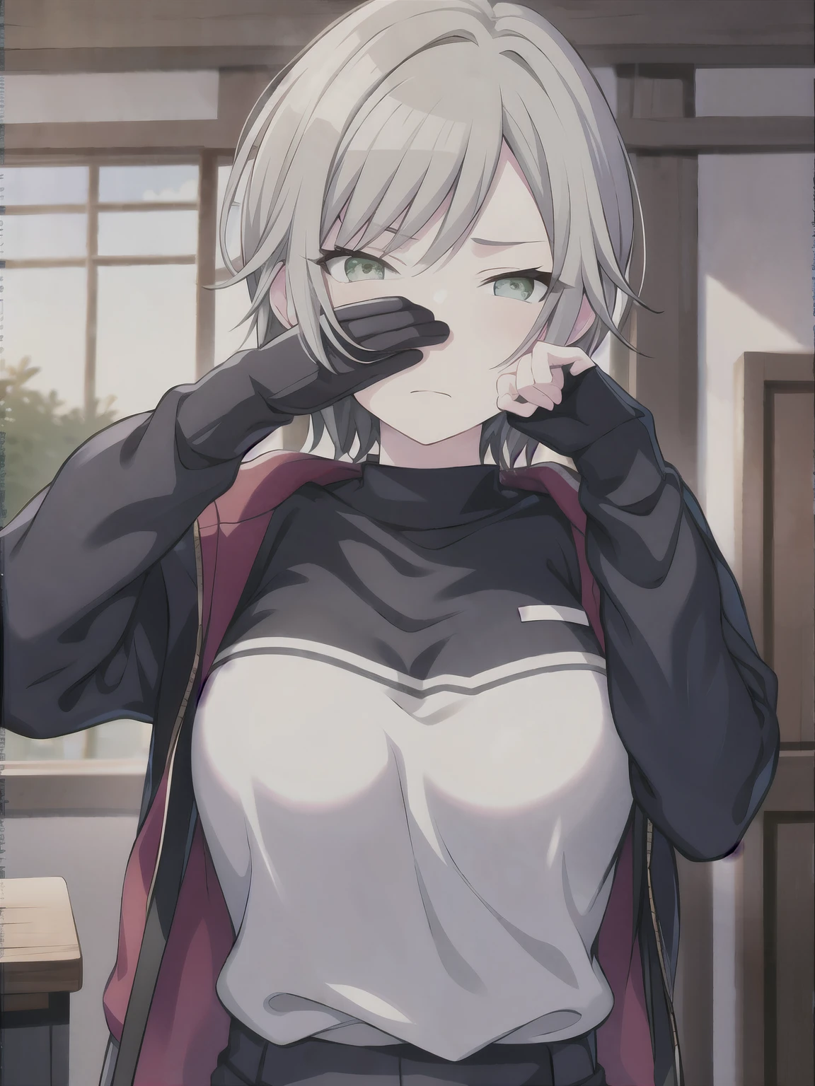 (masterpiece), short hair, grey hair, small breasts, hinomori shiho, tomboy, shiho_h, girl covers her face with her hands , 1girl ,covering face with hand,covering all face with hand,one eye closed, winking eye,half closed eye, wearing cloth, frownimg  eyebrow
