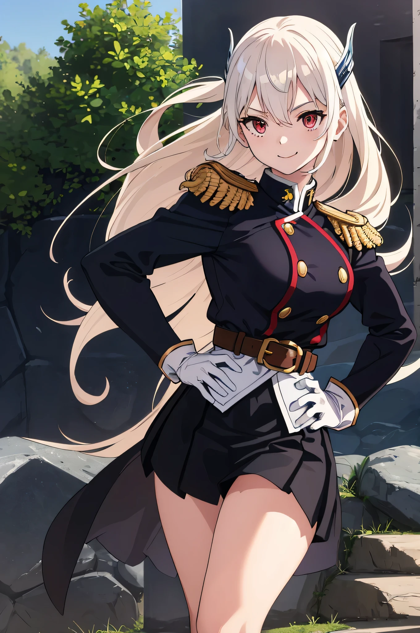 masterpiece, best quality, absurdres, perfect anatomy, 1girl, solo, KyoukaUzen, hair ornament, military uniform, white gloves, epaulettes, belt, pleated skirt, black skirt, thigh boots, smile, hands on the hips, outdoors,
