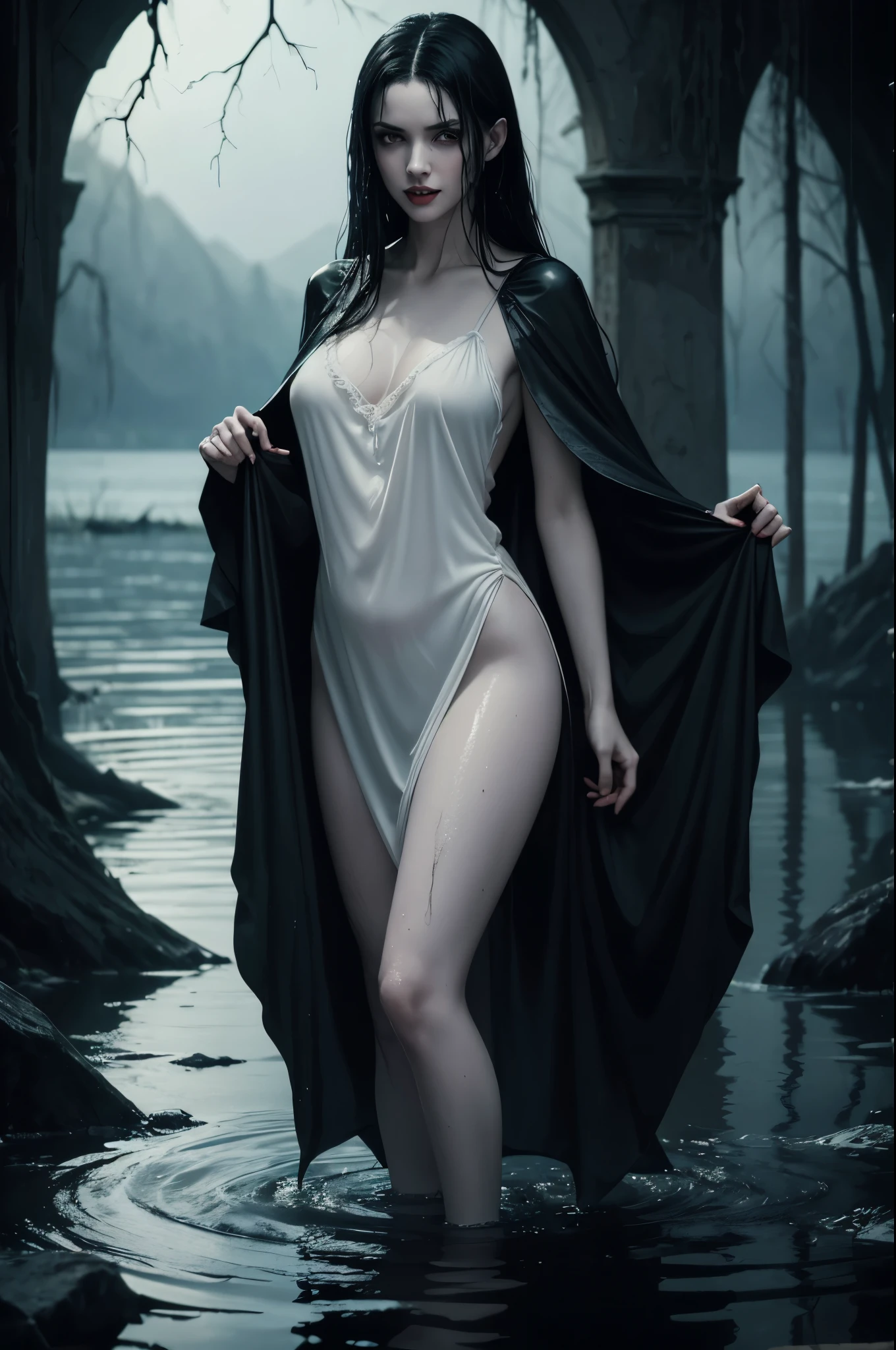 ((Night)) ((a deserted lake)) Vampire woman, (full body), black hair, pale skin, fangs bared, snarling, sexy pale nightgown, looking at viewer, sopping wet, rises out of the water, soaking wet. style of a painted book illustration, dramatic lighting, (depth of field), ((masterpiece)), ((best quality)), ((highly detailed))