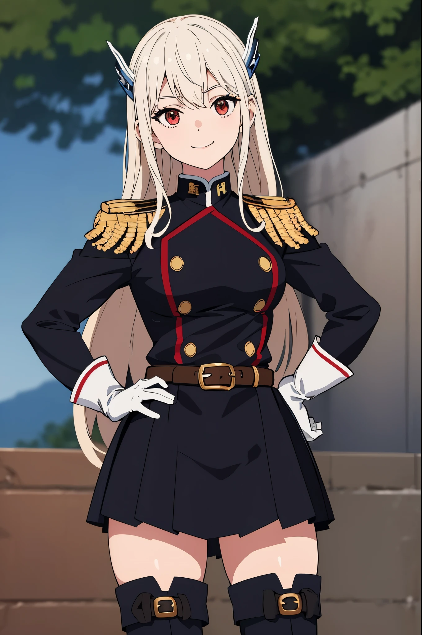 masterpiece, best quality, absurdres, perfect anatomy, 1girl, solo, KyoukaUzen, hair ornament, military uniform, white gloves, epaulettes, belt, pleated skirt, black skirt, thigh boots, smile, hands on the hips, outdoors,
