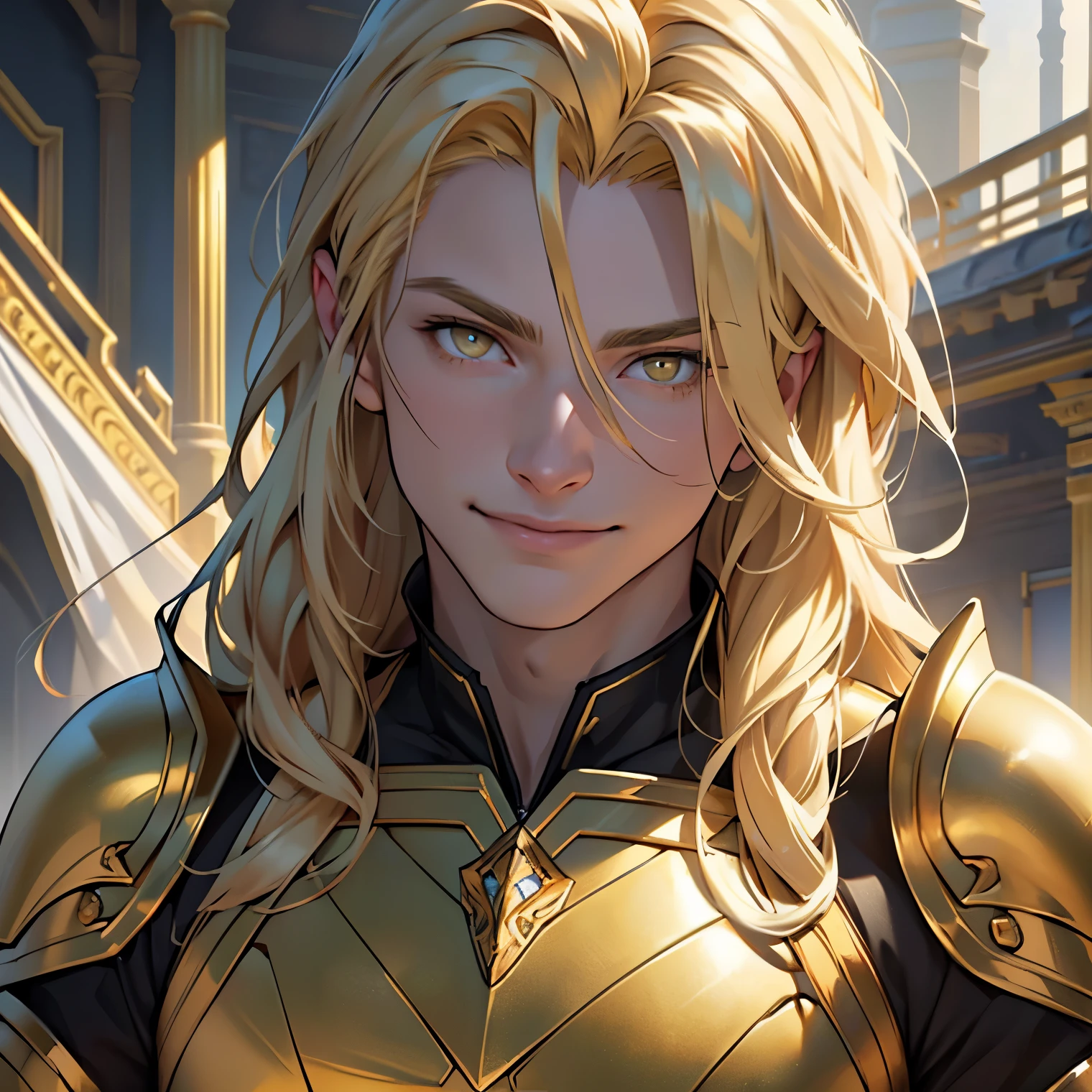 (best quality,realistic,highres:1.2) (best quality, 4k, 8k, high resolution, masterpiece: 1.2), ultra-detailed, male, a young man with fair skin, very long blonde hair, dressed in golden armor with straight hair. anatomically correct. bright golden yellow eyes, temple environment, sarcastic smile on face. age of sixteen.