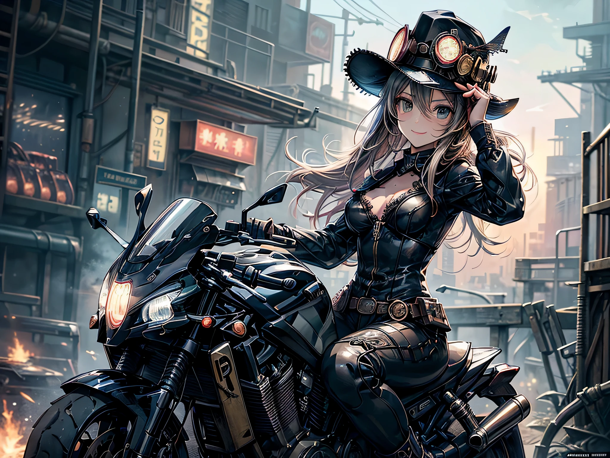 (comic book style),(line drawing_anime),(cowboy shot, highest quality, ),(Laura Budd Photo:1.2),(Laura Add Details:1.0),8k, flat color:0.8,(1 girl,smile 1.5)、(1 Riding a steampunk style bike.5)、(classic style bike 1.5)、(Highly decorative and complex mechanical steampunk fashion, lace flare dolphin hat、goggles 1.5、machinery background、Gear background、Complex mechanized steampunk cityscape 1.5),