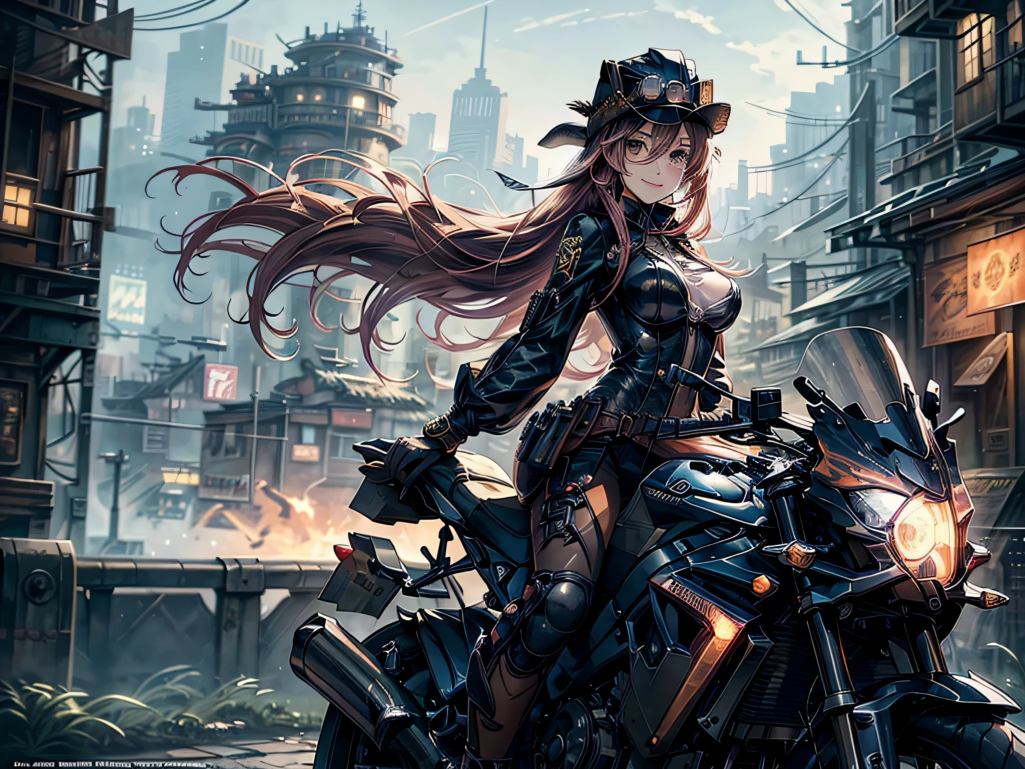 (comic book style),(line drawing_anime),(cowboy shot, highest quality, ),(Laura Budd Photo:1.2),(Laura Add Details:1.0),8k, flat color:0.8,(1 girl,smile 1.5)、(1 Riding a steampunk style bike.5)、(classic style bike 1.5)、(Highly decorative and complex mechanical steampunk fashion, lace flare dolphin hat、goggles 1.5、machinery background、Gear background、Complex mechanized steampunk cityscape 1.5),