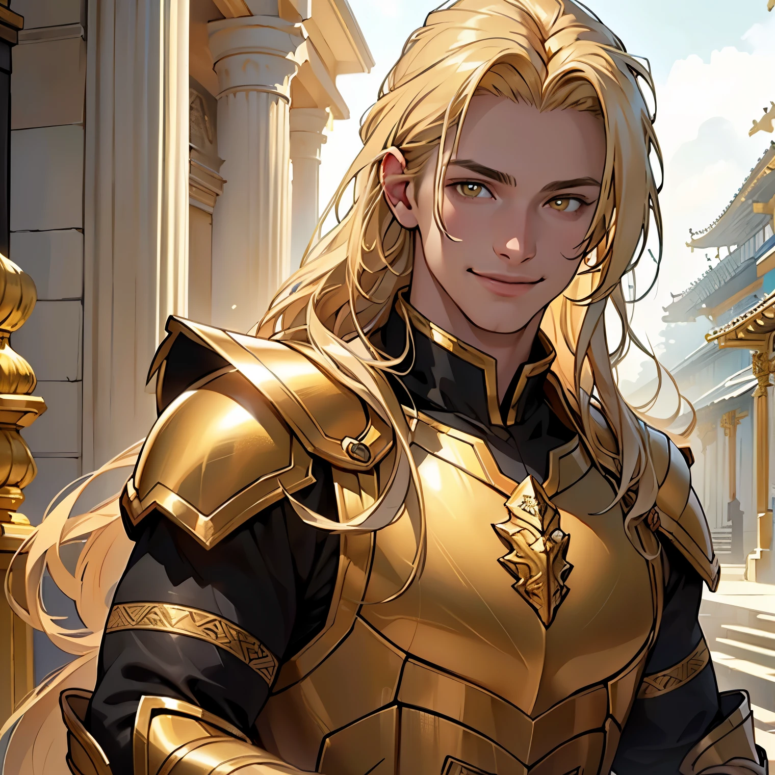 (best quality,realistic,highres:1.2) (best quality, 4k, 8k, high resolution, masterpiece: 1.2), ultra-detailed, male, a young man with fair skin, very long blonde hair, dressed in golden armor with straight hair. anatomically correct. bright golden yellow eyes, temple environment, smile on face. age of sixteen.