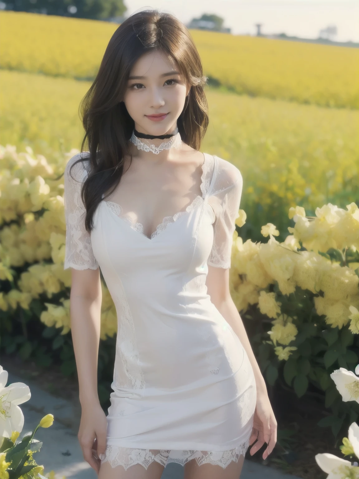 ((((highest quality))))、(((Ultra-precision CG16K wallpaper)))、(((masterpiece)))、(((Super detailed)))、(((super extreme details)))、１people&#39;s women、mature woman、25 year old woman、((Korean face))、((very beautiful face))、((Zuo々Ki Nozomi:1.5))、((Soft wave semi-long hair:1.3))、(shiny hair)、bangs up to eyebrows、beautiful brown hair、beautiful delicate eyes、brown eyes、raised eyebrows、high nose、small nostrils、small mouth、seductive lipouth slightly open、beautiful breasts、C cup size breasts、cleavage、plump body、perfect proportions、perfect anatomy、perfect composition、beautiful detailed shading、beautiful natural lighting、beautiful detail glow、Depth of the bounds written、(((High chroma)))、(((real:1.9)))、((vivid:1.4))、((beautiful skin))、((skin texture))、((realな皮膚感))、(((cowboy shot:1.5)))、((Angle seen from the front:1.5))、((smile:1.4))、(Eyes looking at me:1.5)、bright sunshine、(((rape blossom field:1.3)))、(standing pose:1.5)、(((White lace mini dress:1.6)))、(((Wearing a choker:1.6)))、