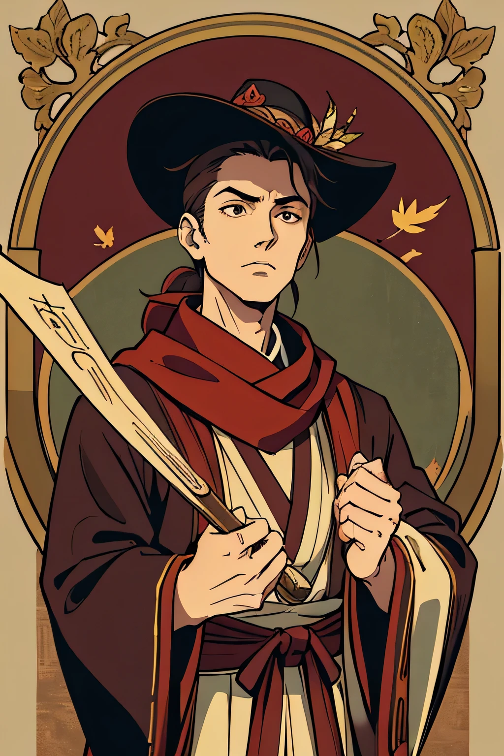 vintage tarot card. The central figure is a stoic character, dressed in traditional samurai attire, including a wide-brimmed hat adorned with an ornate decoration. The samurai's robe is dark, complementing the muted earthy tones that dominate the palette, accented by a bold red scarf that adds a vibrant contrast. Background elements are minimal, with subtle clouds and falling leaves enhancing the old-world feel. The illustration is framed by a decorative border, with the top featuring stylized lettering, giving the impression of an antiquated, mystical artifact. The overall color scheme is a mix of sepia, ochre, and crimson, creating an ambiance of age and mystique.