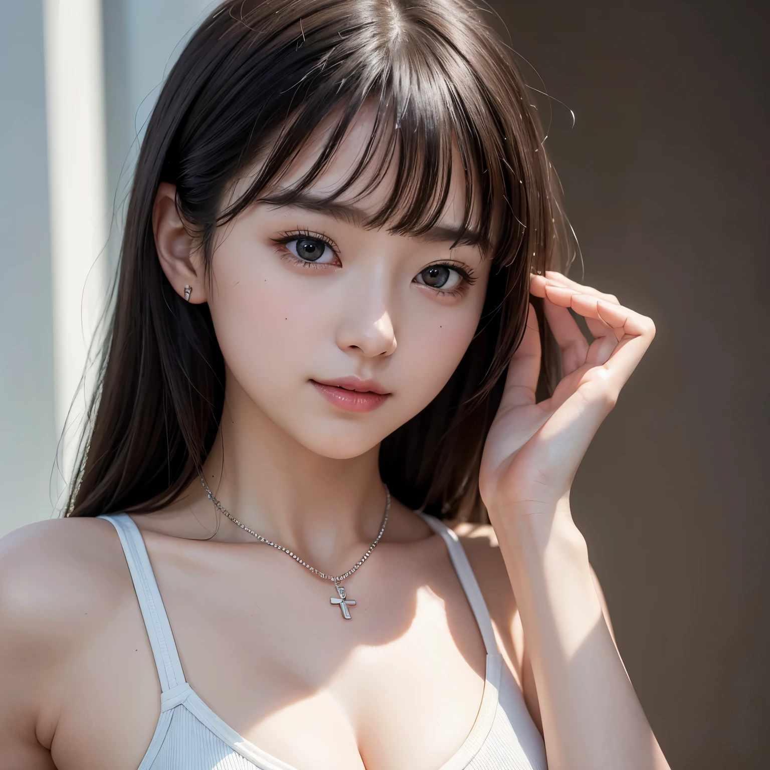 (8k, RAW photo, highest quality, masterpiece: 1.2), Super detailed, super resolution, (genuine, genuine photos: 1.37), portrait, High-definition RAW color photo, professional photos, 非常に詳細で美new, very detailed, 8k wallpaper, amazing details, huge file size, official art, very detailed CG Unity 8k wallpaper, very detailed beautiful girls, very detailed facesHighly detailed eyes, Very fine skin, very detailed fingers, very small nose, very detailed detailed mouth, perfect anatomy, detailed background, fine clothes,20th generation, cute girl, genuineistic body, white skin, glowing skin, (dull bangs: 1.2), smile, cute, like々new, cute face, genuineistic face, delicate eyes, sagging eyes, (Gym Clothes Costume), looking at camera, dynamic lighting, G cup breasts,big breasts、sports gym、I can see the cleavage、dynamic and sexy pose、whole body、necklace