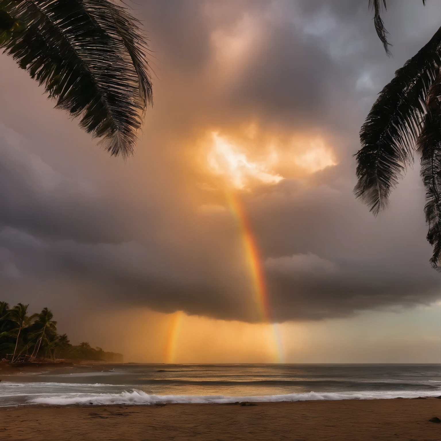 ((Maritime Part)), ((melhor qualidade)), 8K, alto detalhe, ultra-detalhado, cyclone-shaped waterspout, tempestuoso, raging sea and surfers surfing the huge waves, Close local,Colorful water splashes cover the photo, a spectacular rainbow. sparkling water droplets in sunlight, Crie jogos hipnotizantes de luz e cor, imagem de drone, gaivotas esplendorosa, Coconut trees swinging, com forte vento do ciclone, cloudy sky and full moon.