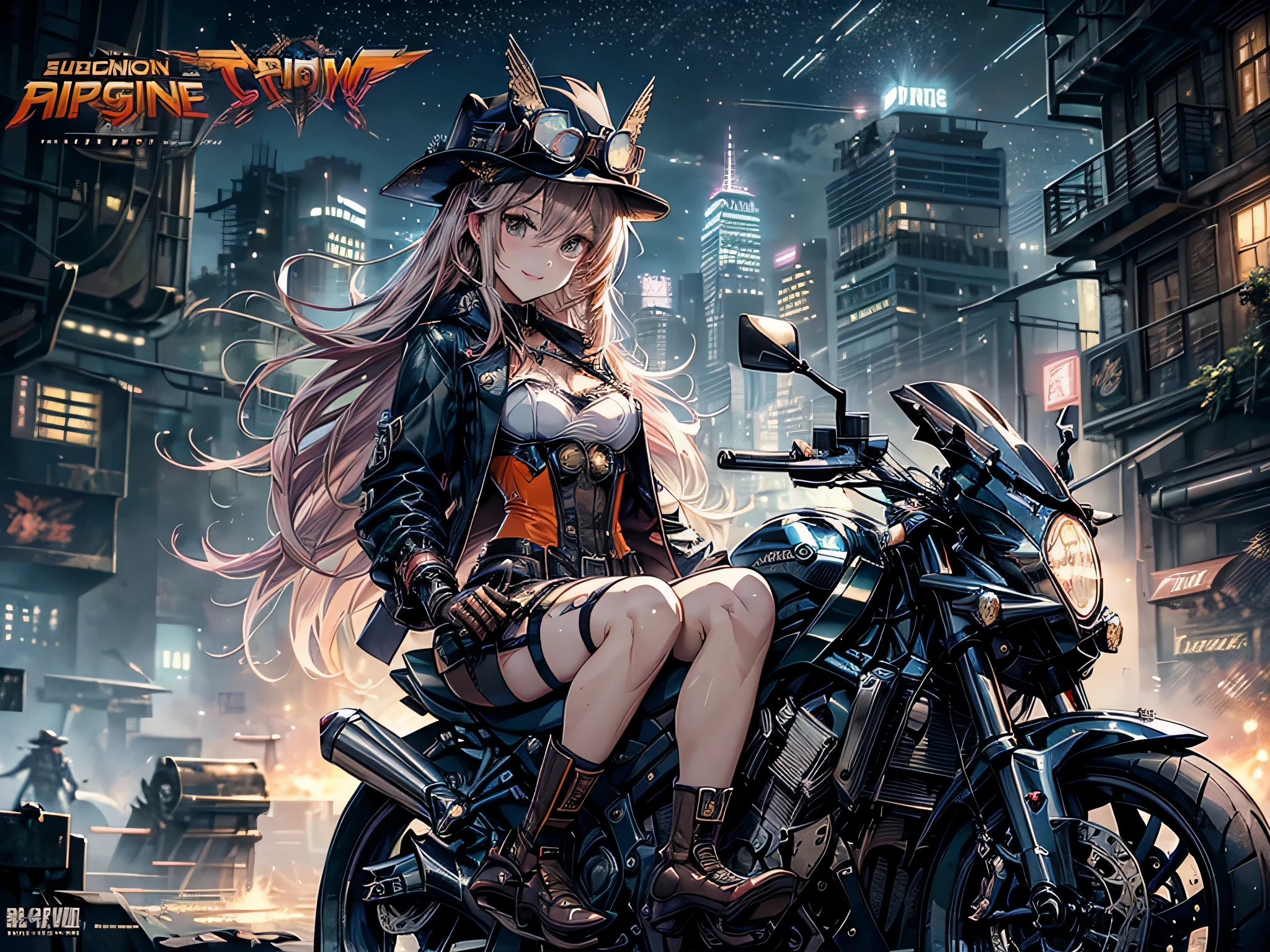 (comic book style),(line drawing_anime),(cowboy shot, highest quality, ),(Laura Budd Photo:1.2),(Laura Add Details:1.0),8k, flat color:0.8,(1 girl,smile 1.5)、(1 Riding a steampunk style bike.5)、(classic style bike 1.5)、(Highly decorative and complex mechanical steampunk fashion, lace flare dolphin hat、goggles 1.5、machinery background、Gear background、Complex mechanized steampunk cityscape 1.5),