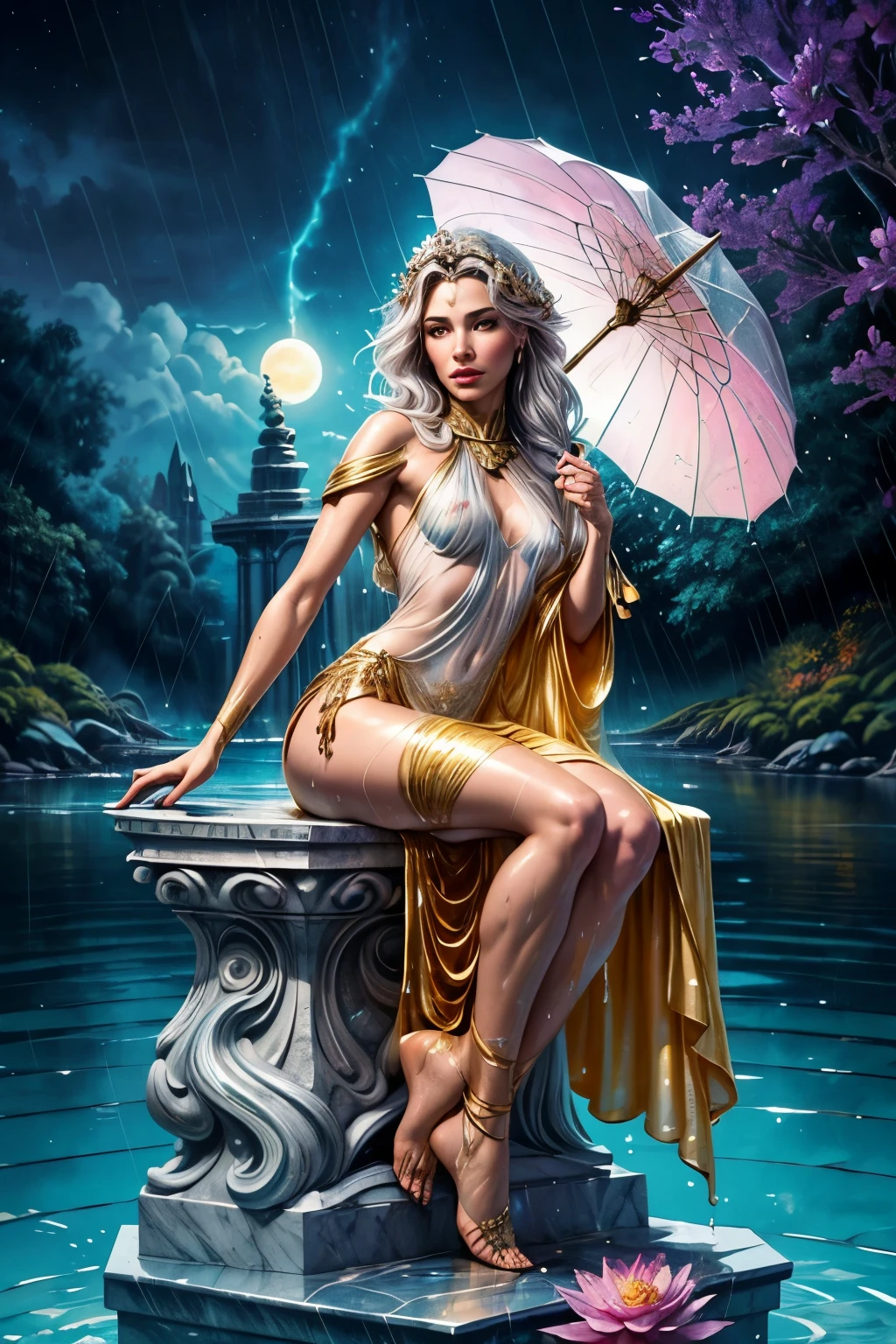 A Majestic Goddess meditating covered in golden and turquoise spice paint, with a fluid and diaphanous dress floating on the waves, with a lotus flower in her lap. Quick painting textured with small rough brush strokes and paint splatters. Epic Instagram shot, vivid color reflections, best quality, best proportions, griffiths flesh art and concept art by wadim kashin, classical dancer, psychedelic dancer movement, moving sea waves, body art by sakimichan art, oil painting with spatula, metallic colors, olpntng style, beautiful ager, splash effect, violent sea, ((goddess sitting on marble pedestal)), fluid paint, 3d liquid paint, 3d fractals, gold, silver and bronze metallic colors, particles light, dreamy, alcohol ink, 3d soft relief, bright sparkles, dreamy shine, conceptual art by alberto seveso, anna dittmann, arthur rackham, 16k, dripping paint, gold-silver and bronze oil painting, paint rain colors metallic, full body, full body, watercolor paper texture skin, watercolor texture skin, gold and silver metallic skin, olpntng style, young girl, splash effect, extremely fluid, 3d fractals, light particles, conceptual alberto seveso, anna dittmann, arthur rackham, 16k, oil painting, strong strokes, dripping paint, very long hair merged into the ocean, silver hair, fluid clothing merged into water, skin wet with water, (((transparent clothing showing body naked))), big and foamy waves, ((bubbles floating)), Greek column, ((night sky with full moon)), ((sky sunset storm and rain)), Ica sitting in front, naked girl, well-detailed eyes, beautiful eyes, golden eyes, (lamp and lantern), (surreal old floating object), surreal art, overexposure art,, wlop art, ((flowers, silhouette of trees, floral garden)), ((umbrella, parasol)), flowers, ((goddess sitting on marble pedestal)), ((night sky with full moon)), ((sky sunset storm and rain))