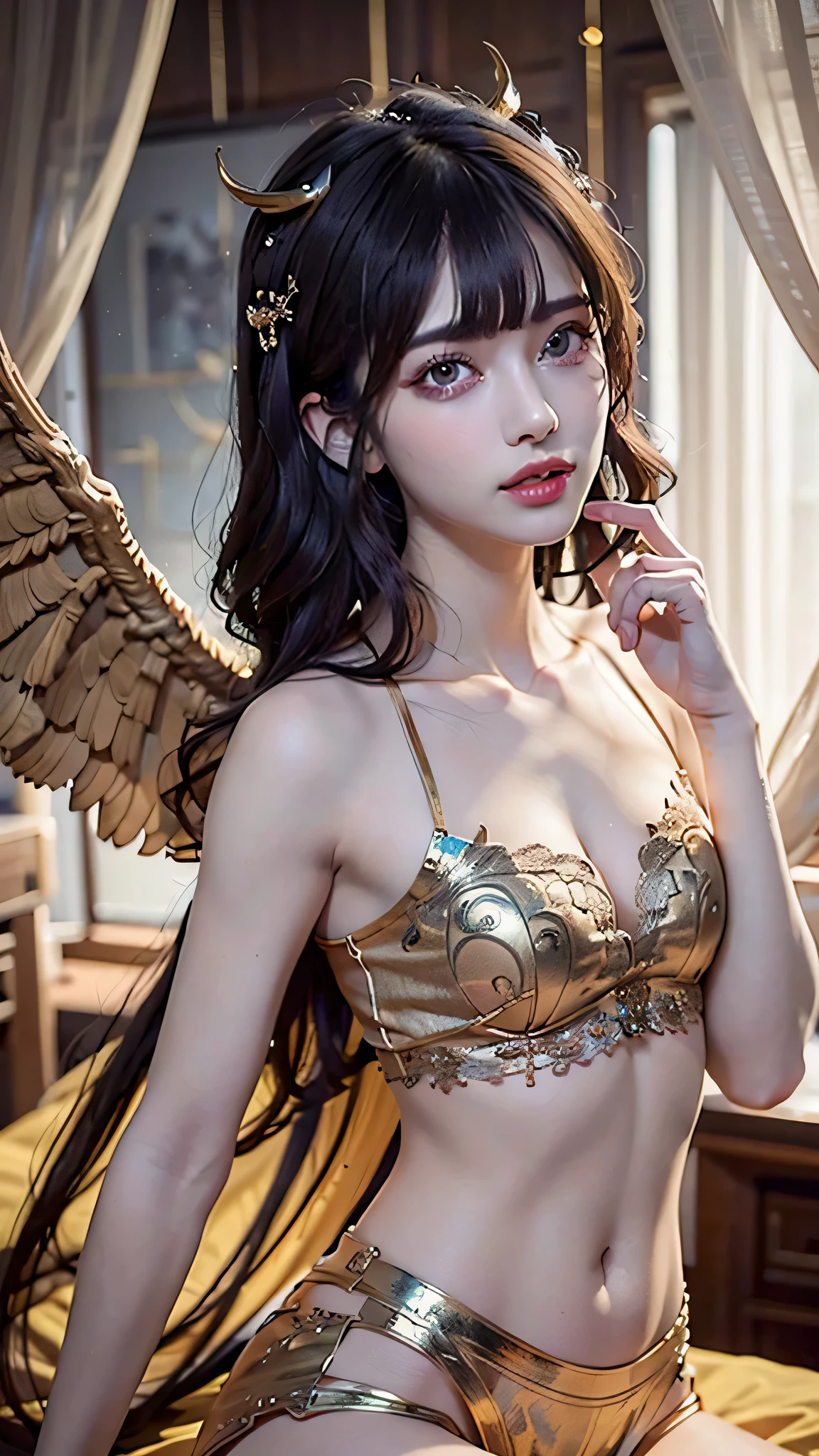 (Close-up:1.4)、(RAW photo:1.2)、(photorealistic:1.4)、(masterpiece:1.3)、(最high quality:1.4)、(Beautiful woman with perfect body:1.4)、solo、7 head and body、(cute face)、(cute:1.2)、(full body shot)、(big breasts:1.3)、(beautiful detailed eyes)、(charming big eyes)、(beautiful double eyelids)、(beautiful and detailed face)、(short hair:1.2)、(fantasy、magic effect、call:1.3)、(devil's wings:1.2)、strong wind、See-through、wet with water、short hair、dark hair、slender、small butt、beautiful feet、skinny legs、Surrealism、cinematic lighting、Depth of the bounds written、first person perspective、ticker、muste piece、curate、(perfect anatomy:1.2)、textured skin、super detail、high details、high quality、best quality、High resolution、8K、succubus、illumination、