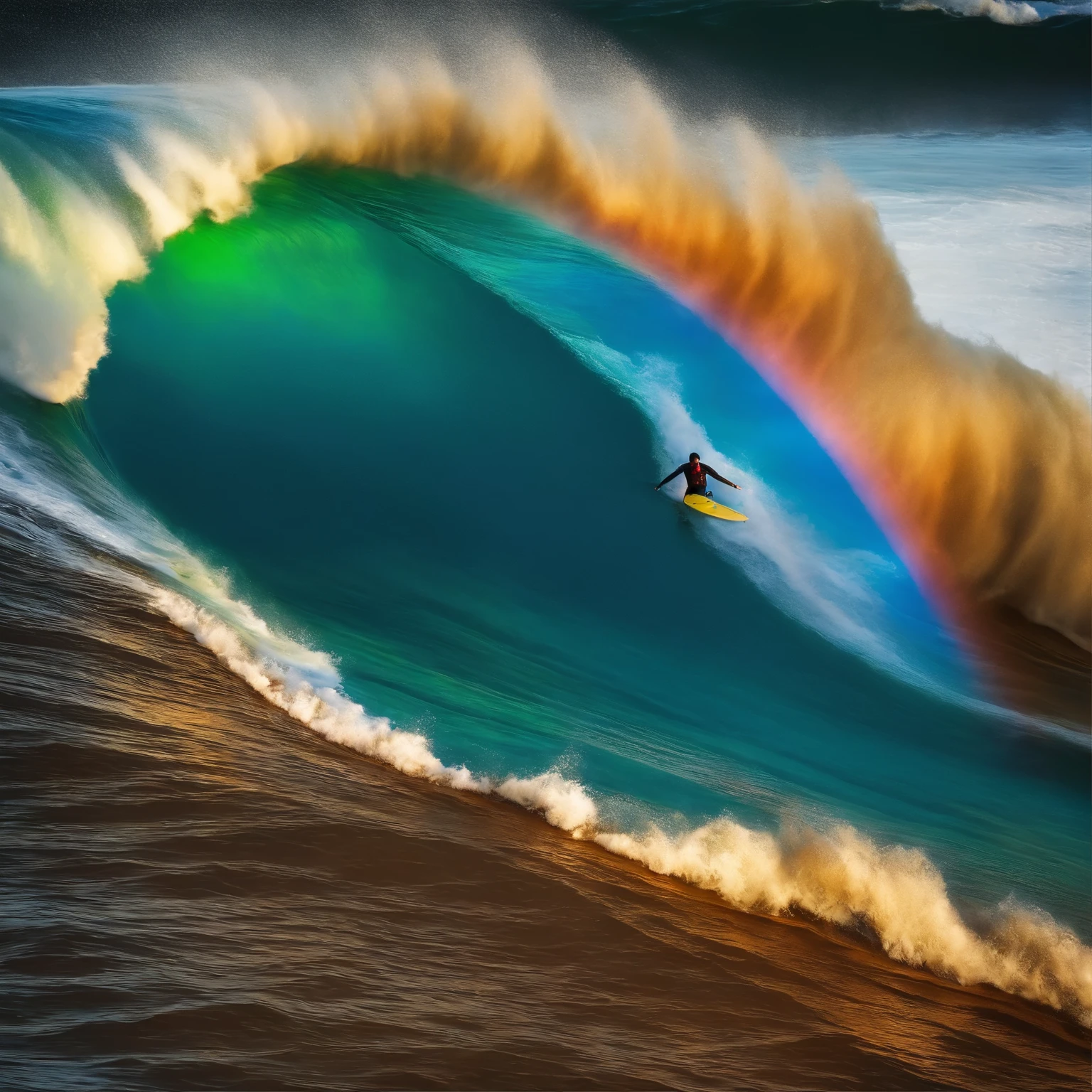 ((Parte Mestre)), ((melhor qualidade)), 8K, alto detalhe, ultra-detalhado,
Surfistas surfam as ondas enormes, Close local,Colorful water splashes cover the photo, Form a spectacular rainbow. sparkling water droplets in sunlight, Crie jogos hipnotizantes de luz e cor, imagem de drone com ondas tubulares,