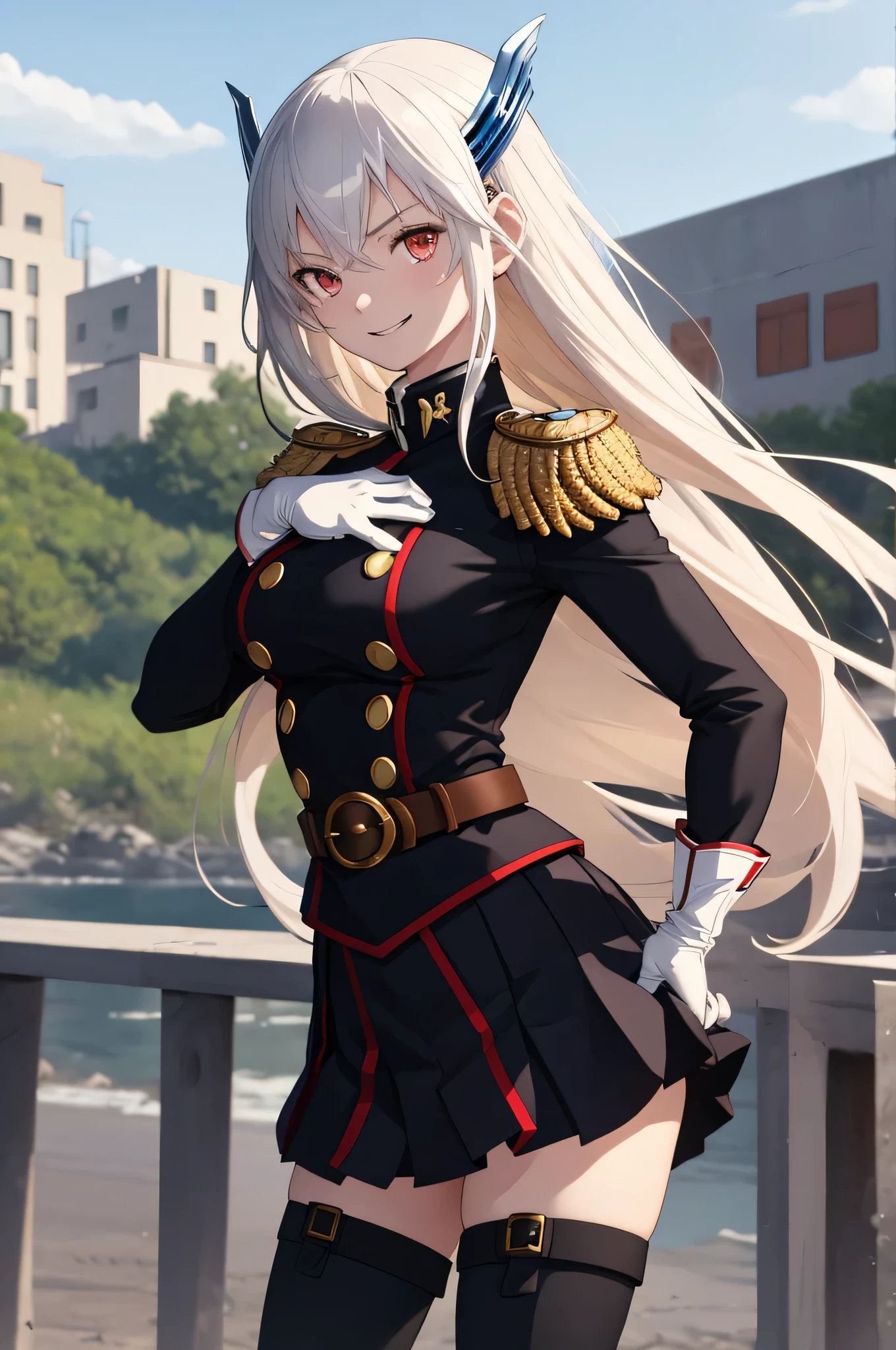 masterpiece, best quality, absurdres, perfect anatomy, 1girl, solo, KyoukaUzen, hair ornament, military uniform, white gloves, epaulettes, belt, pleated skirt, black skirt, thigh boots, smile, hands on the hips, outdoors,
