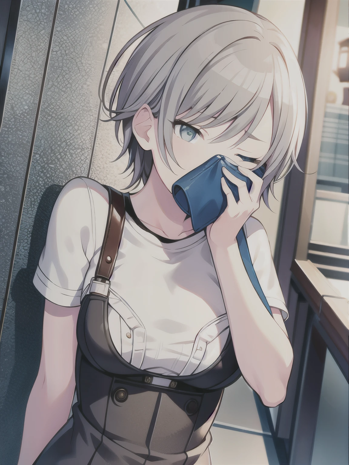 (masterpiece), short hair, grey hair, small breasts, hinomori shiho, tomboy, shiho_h, ((((The girl covers her face with her hands to avoid smelling the smell.)))) , 1girl ,covering face with hand,covering all face with hand,one eye closed, winking eye,half closed eye, wearing cloth, frownimg  eyebrow
