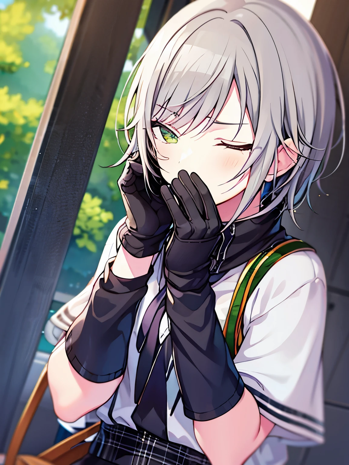 (masterpiece), short hair, grey hair, small breasts, hinomori shiho, tomboy, shiho_h, girl covers her face with her hands , 1girl ,covering face with hand,covering all face with hand,one eye closed, winking eye,half closed eye, wearing cloth, frownimg  eyebrow
