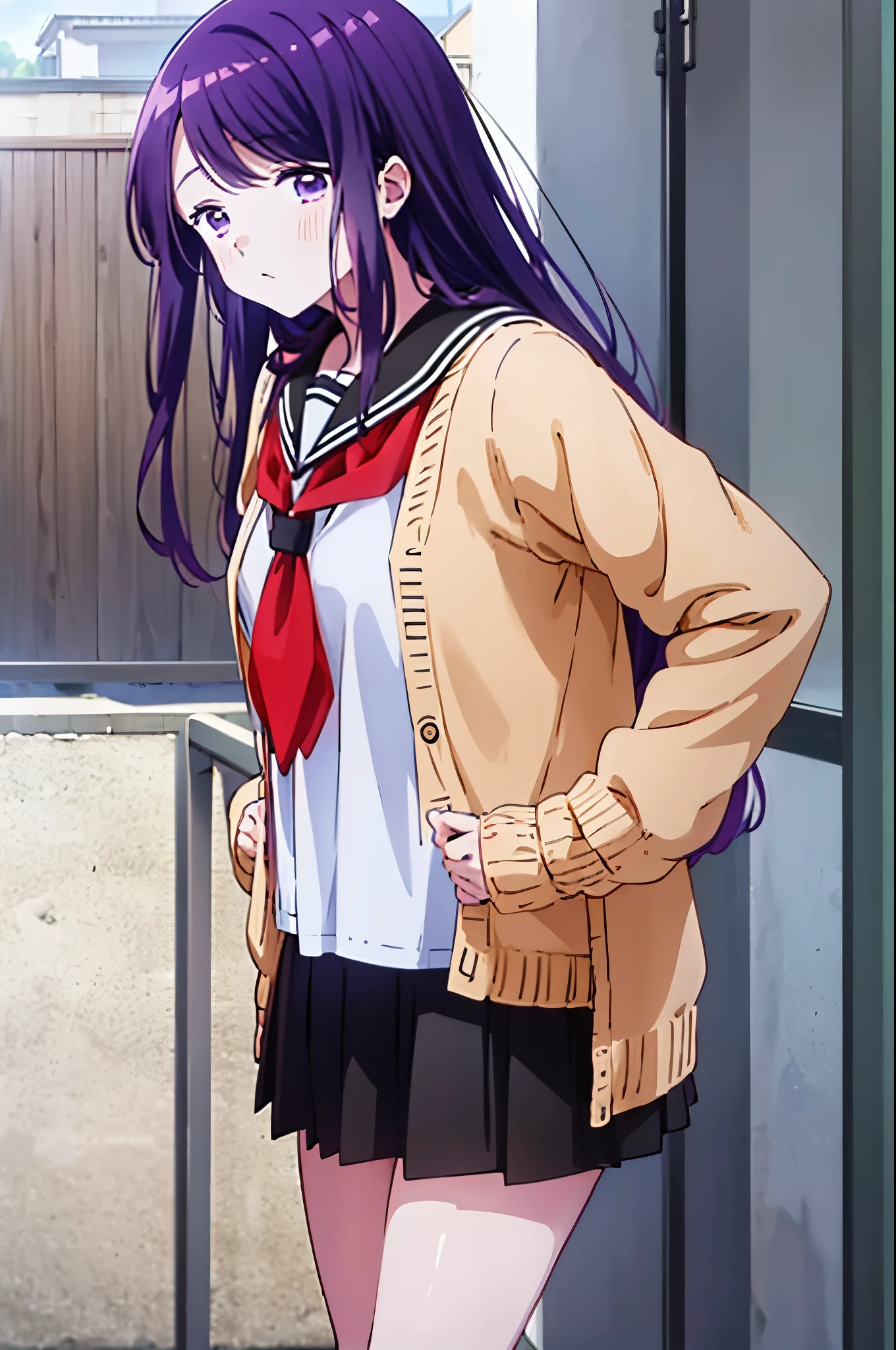 upper body, Nagisa Kubo, 1girl, black sailor collar, school uniform, white shirt, red neckerchief, black pleated skirt, serafuku, (brown cardigan:1.1), open cardigan, long sleeves, on the grass, sky,, (masterpiece:1.2), highres, best quality, 8k, very clear, purple hair, purple eyes,
