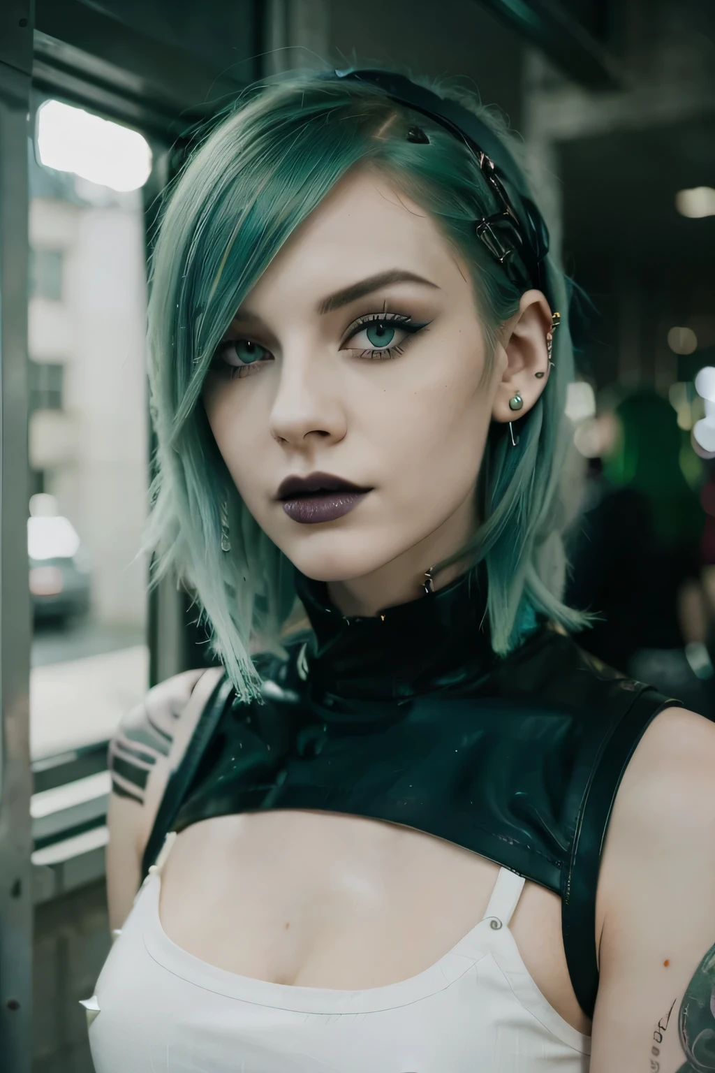 beautiful pale emo girl,green hair,lange Haare,durchdringende blaue Augen,shiny black lipstick,Lederjacke mit Nieten,Tragen von fingerlosen Handschuhen und Ketten,Gesicht mit Haaren verstecken,kauert auf dem dunklen Dach der Stadt,mit Mondlicht, das dramatische Schatten wirft,(best quality,highres),Gothic aesthetics,leuchtende Farben,dunkle und stimmungsvolle Beleuchtung