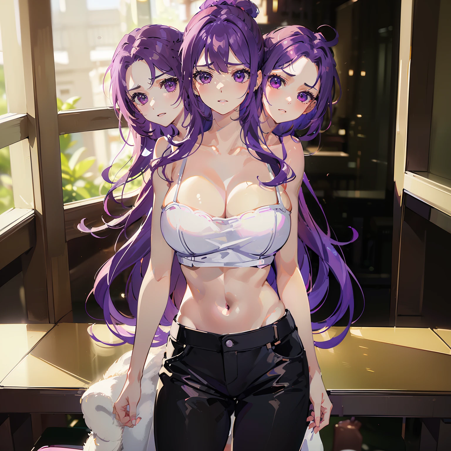 (masterpiece),(ultra-detailed), (high quality), (high resolution), (best quality:1.5, highres, UHD), highres, absurd, ultra detail, ultra quality, Ultra resolution, 16k, ((2heads:1.5)), purple hair, magenta violet eyes, casual wear, beanie hat, sports bra, exposed midriff, sports pants.