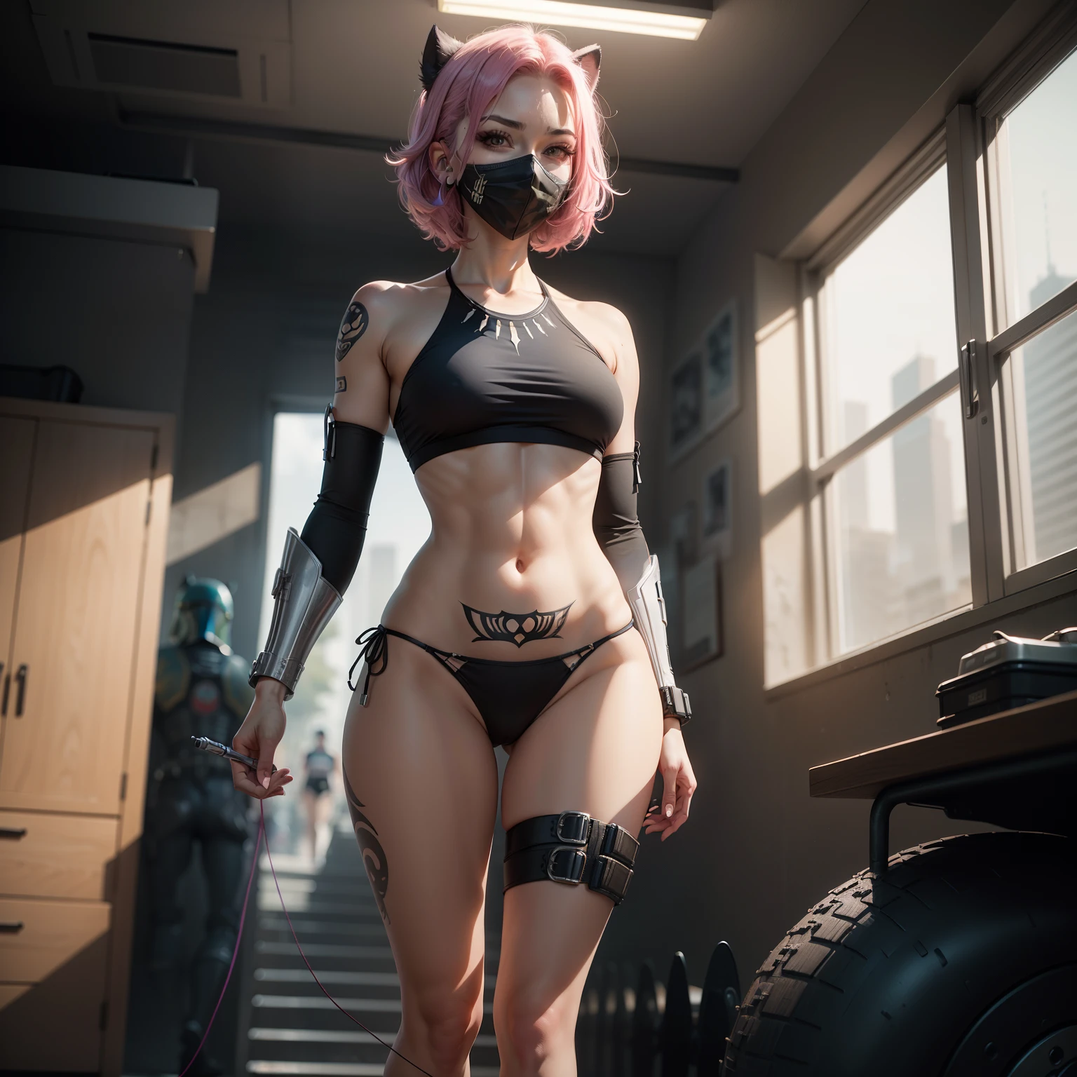 "ficha de personagem, frente de corpo inteiro, white and pink micro string bikini, gym tops, corpo magro perfeito, detalhes intrincados, high waist bikini with high details)), the center of this full-length portrait with the iconic Black Panther mask. She is seen amidst her high-tech surroundings, adornado na arte da tatuagem preta, piercing no umbigo.The image is made to be a mix of digital illustration and anime, presenting a level of detail that brings the character and the scene to life. Boba Fett's anatomy is athletic, capturing the essence of freedom and soul. Inspirado por Masamune Shirow, The illustration features sharp focus, smooth transitions and an underlying watercolor aesthetic. atmosfera ciberpunk.", 35mm, medium shot, studio lighting, altamente detalhado, octane rendering --auto