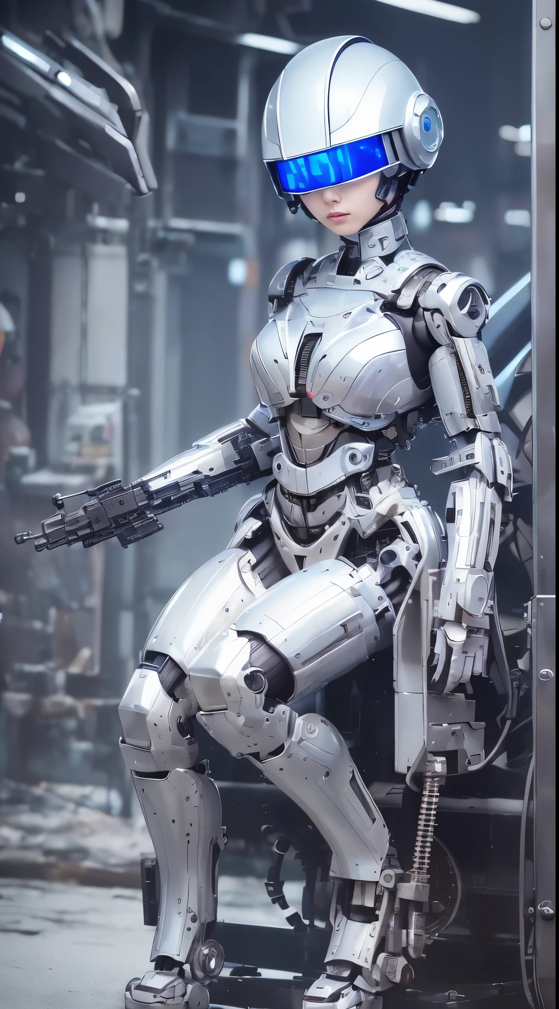 best ever、8k,(((Full body Esbian)))、(((plump breasts:1.3)))、(((luster)))、(((Metal)))、(((とてもlusterのある、Very hard armor)))、(((cyberpunk)))、Cute beauty of mecha(highest quality, Detailed details, table top, , 8k, chiaroscuro,big breasts、Bust photos are super realistic, Highly detailed Nikon videography )、beautiful navel、Human skin type、((very photorealistic human))、(round eyes)、The detail of the iris of the pupil is amazing、precise fingers、故障のない手feet、(((Caucasian 21 years old, woman)))、((Very fair skin,,,,,,,,,,,,,,))、natureに閉じた口、natureな乳輪、nature 、staring eyes、natureな体、、womanらしい顔立ち、womanらしい体、(With a round face)、small face、soft cheeks、looking at camera、Full body Esbian、、Beautiful and shining nature eyes、Human skin type、((very photorealistic human))、(round eyes)、The detail of the iris of the pupil is amazing、故障のない手feet、natureに閉じた口、natureな乳輪、nature 、staring eyes、natureな体、Slightly baby-facemanらしい顔立ち、womanらしい体、With a round face、small face、soft cheeks、looking at camera、Full body Esbian、balanced face、drooling eyes、(It's not the kind of eye that blinds you.)、Body with human-like proportions、(((slightly longer arms)))、(fairly long torso)、(((slightly larger hands)))、human face、(((Shining blue light blue silver hair)))、(((cool and cute short haircut)))、(((The background is the future)))、(((8 heads and bodies)))、(((purple eyes)))、(((thin, thin silver eyebrows)))、(((thin eyebrows)))、Looking at this、Gentle double eyelids、(((kind face)))、(((Background Mecha)))、blade runner、(((Possession of a machine gun:1.5)))、(((Machine gun firing:1.4)))、(((Hold a machine gun:1.6)))、(((mechanical headgear:1.3)))、(((Mechanical helmet covering the eyes:1.5)))、(((robocop:1.3)))、ghost in the shell、tron、space detective gavan、knock、police officer、(((night background)))、(((no makeup)))、(((Hollywood science fiction movie quality)))、(((New York in 5000 AD)))、((teal and orange))、Height: 164cm、Leg length 80cm、Head length is 21cm、,very subtlyXfeet、cool pose、Evangelion、rei ayanami、(((Cloudy)))、battle preparation
