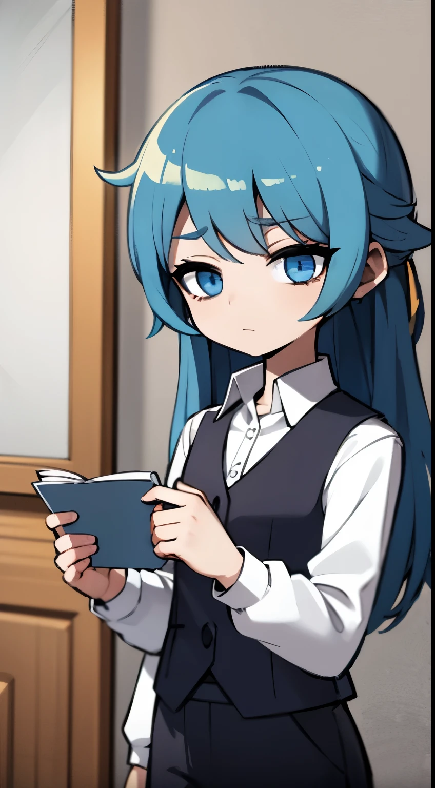 girl、hair color is blue vest、white shirt、黒のlongスカート、long