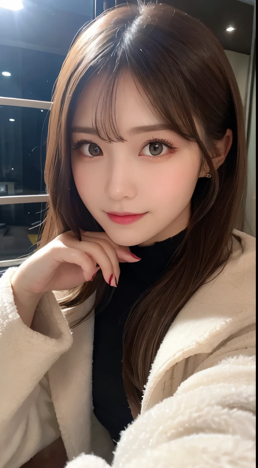 table top, highest quality, shape, Super detailed, finely, High resolution, 8k wallpaper, 完璧なダイナミックな構shape, beautiful and detailed eyes, medium hair, small breasts, natural color lip, random sexy pose,smile,20 year old girl、midnight、beautiful and detailed face、perfect and beautiful face,Big eyes、RAW photo、Expressing feminine poses with your whole body、beautiful and detailed eyes、small face、beautiful duplex、slim face and style,luxury brand mink coat(internal:black winter dress)、beautiful golden ratio face,twin ponytail hair