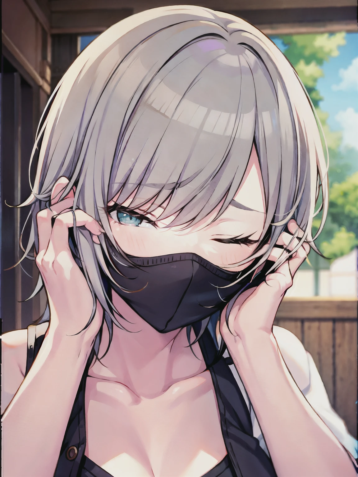 (masterpiece), short hair, grey hair, small breasts, hinomori shiho, tomboy, shiho_h, ((((The girl covers her face with her palm to avoid smelling the smell.)))) , 1girl ,covering face with hand,covering all face with hand,one eye closed, winking eye,half closed eye, wearing cloth, frownimg  eyebrow
