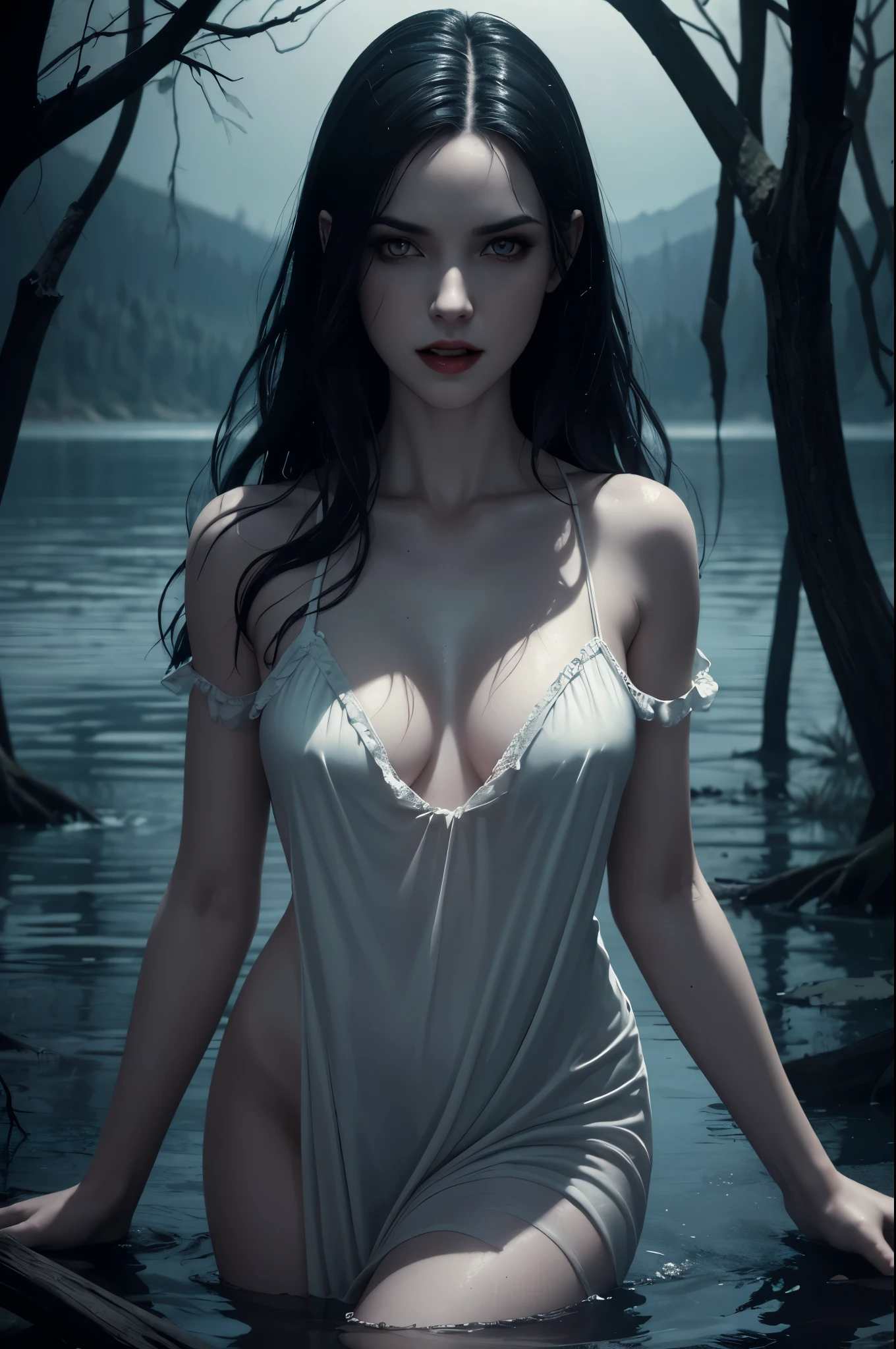 ((Night)) ((a deserted lake)) Vampire woman, (full body), full frontal, black hair, pale skin, fangs bared, sexy pale nightgown, looking at viewer, rises out of the water, soaking wet. style of a painted book illustration, dramatic lighting, (depth of field), ((masterpiece)), ((best quality)), ((highly detailed))