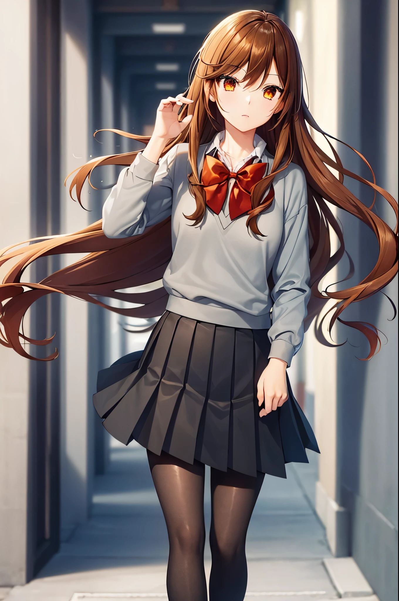 (masterpiece, top quality, best quality, official art, beautiful aesthetic, picture-perfect:1.4), 1girl, solo, Hori, (looking at viewer, standing, cowboy shot:1), (brown hair, brown colored hair, long hair, long flowing hair:1.2), (brown eyes, shining brown eyes:1.3), [smile, closed mouth:1.2], [medium chest:1], (Hori School 1, grey sweater, red bowtie, black skirt, pleated skirt, black kneehighs:1.4), (epic glow:1.4), 