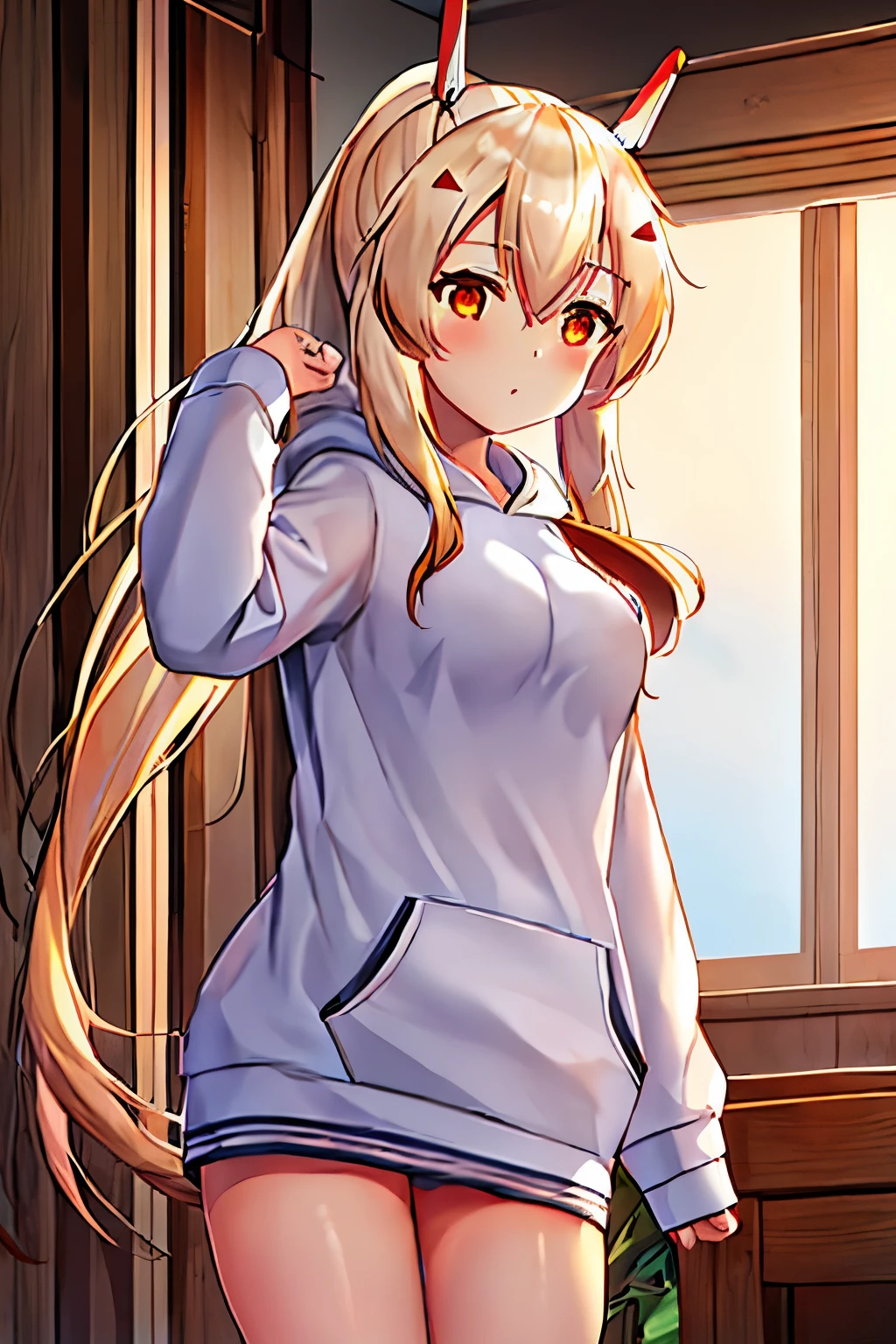 girl, ayanami_azurlane, long_hair, ponytail, bangs, headgear, hair_between_eyes, sidelocks, hair_ornament, blush, blonde_hair, orange_eyes, breasts, red_eyes, casual ouftif, oversized hoodie, white hoodie, bare legs, neutral expression