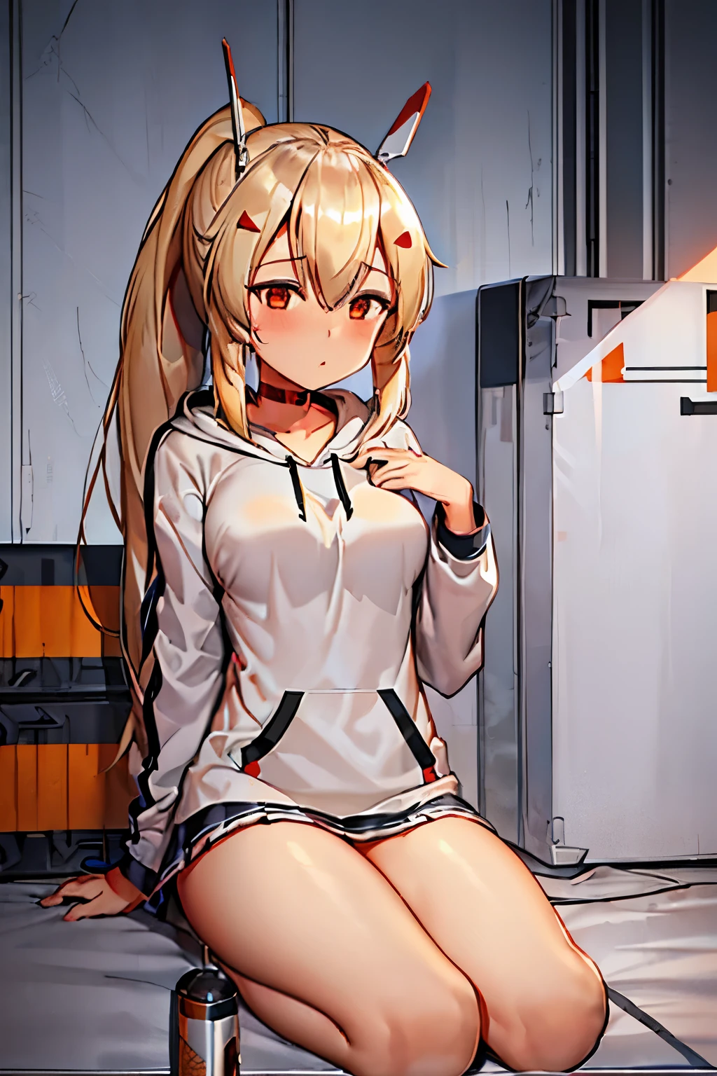 girl, ayanami_azurlane, long_hair, ponytail, bangs, headgear, hair_between_eyes, sidelocks, hair_ornament, blush, blonde_hair, orange_eyes, breasts, red_eyes, casual ouftif, oversized hoodie, white hoodie, bare legs, neutral expression