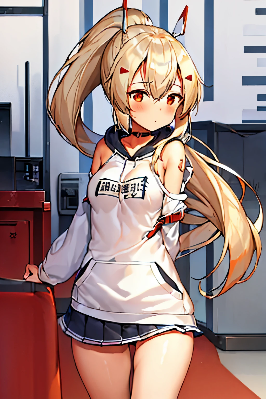 girl, ayanami_azurlane, long_hair, ponytail, bangs, headgear, hair_between_eyes, sidelocks, hair_ornament, blush, blonde_hair, orange_eyes, breasts, red_eyes, casual ouftif, oversized hoodie, white hoodie, bare legs, neutral expression