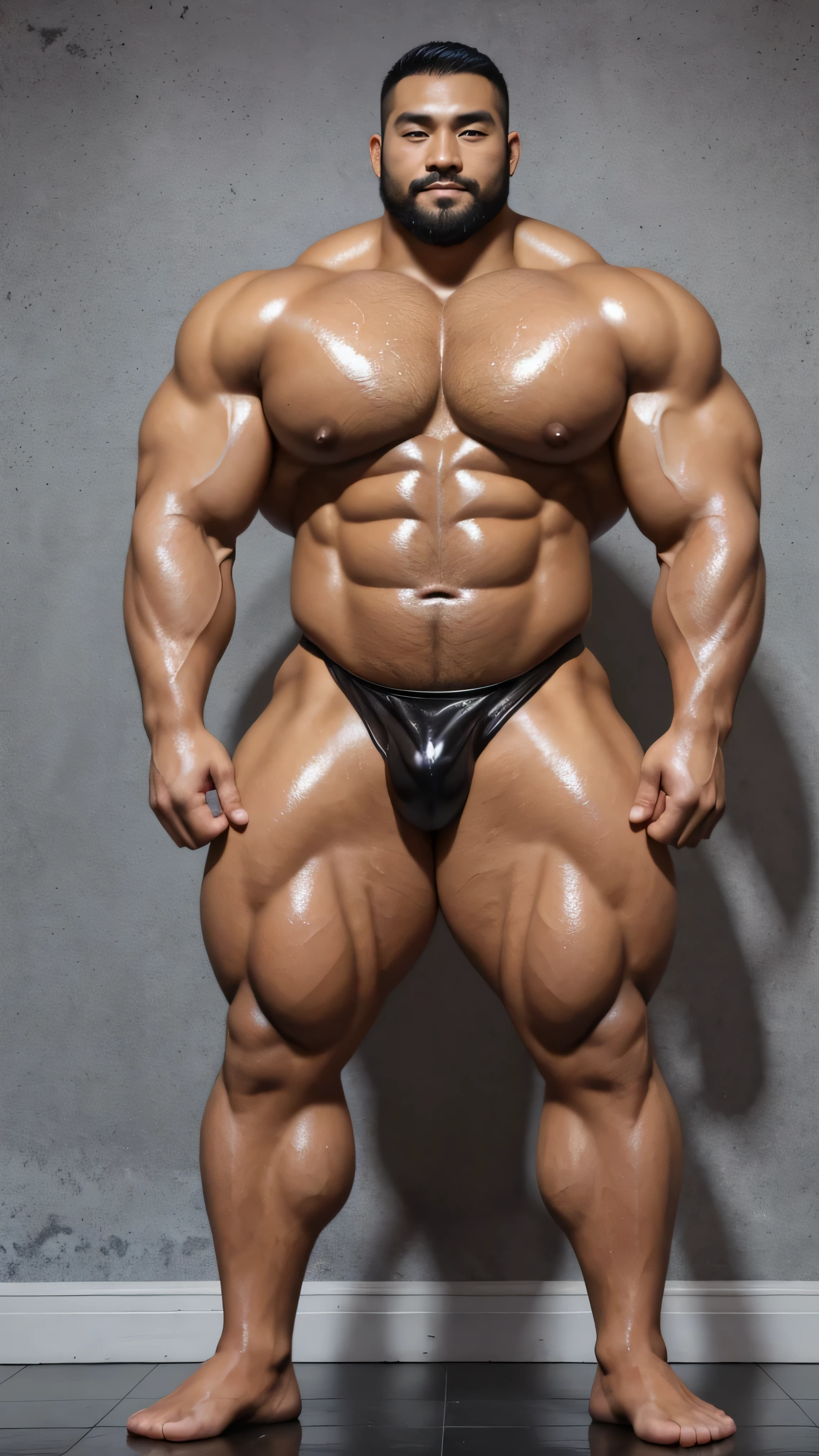 一位中国bodybuilding运动员,30 years old,High, bodybuilding,short hair, O-shaped beard,Perfect body, Dark and shiny complexion,Muscle bulge, muscular, Very big pecs,Very sexy abs,Leg muscles are very developed,Tall and handsome,Huge bumpy area,Brighten oily skin,Wearing a gold leather shiny thong,handsome face,Detailed facial features, Correct and accurate male anatomy, full-body shot, Large pecs, Wet oil wax gloss for oily muscles and skin,wear black socks,standing in front of gray background board。